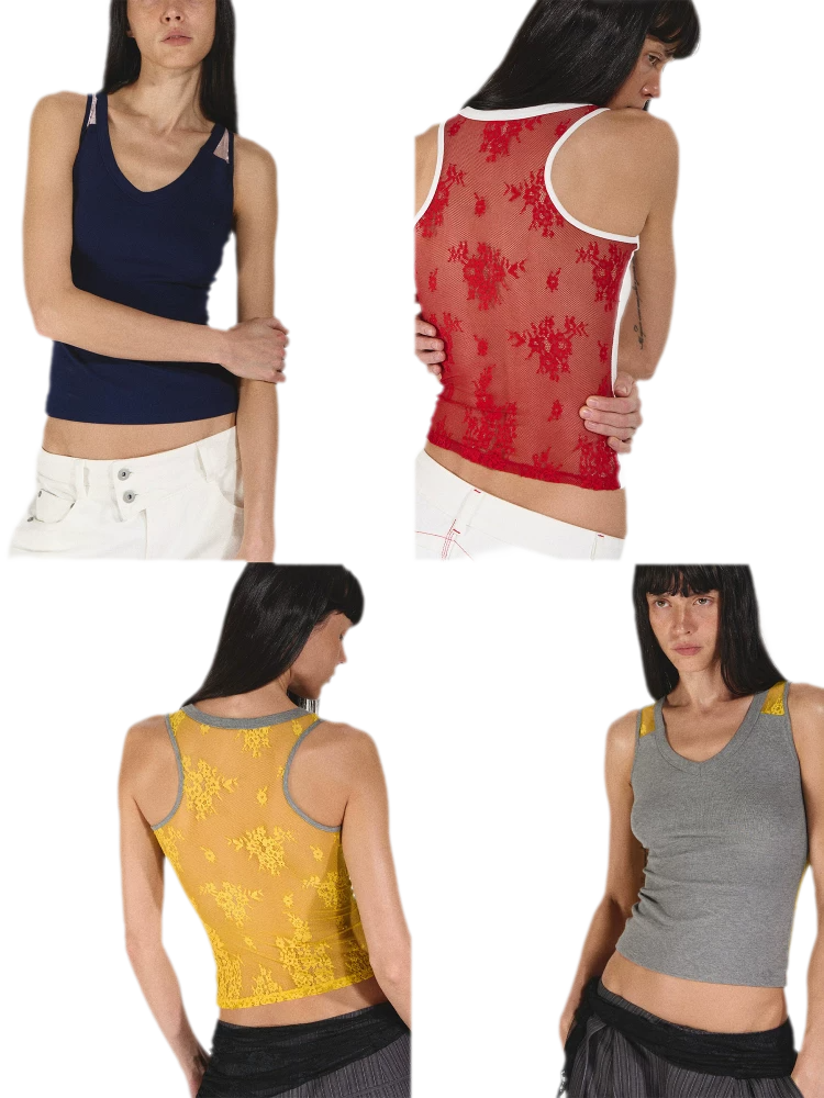 Lace Panel Slim Fit Striped Shoulder Vest Top