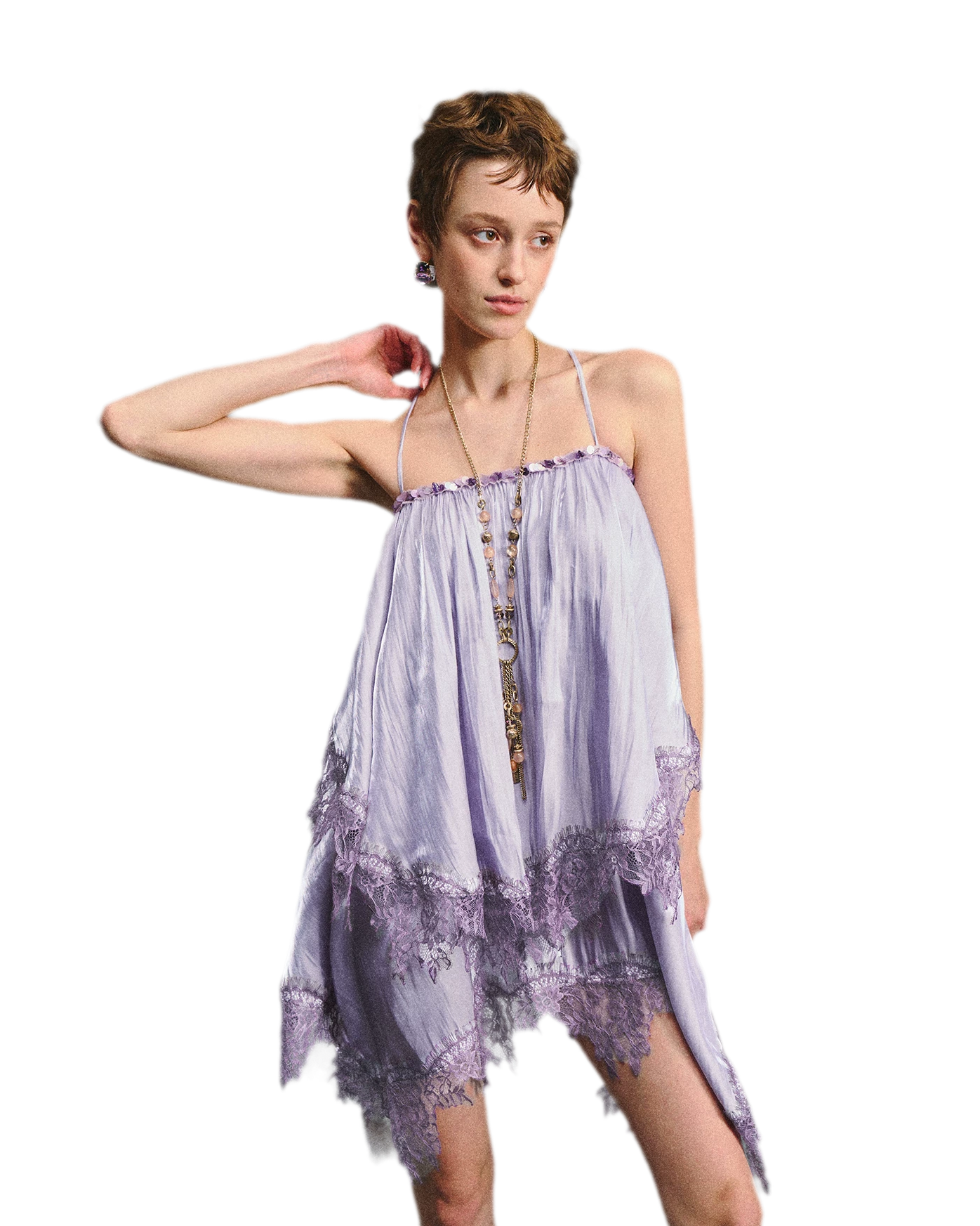 Lavender Galaxy Lace Satin Beaded Strap Dress