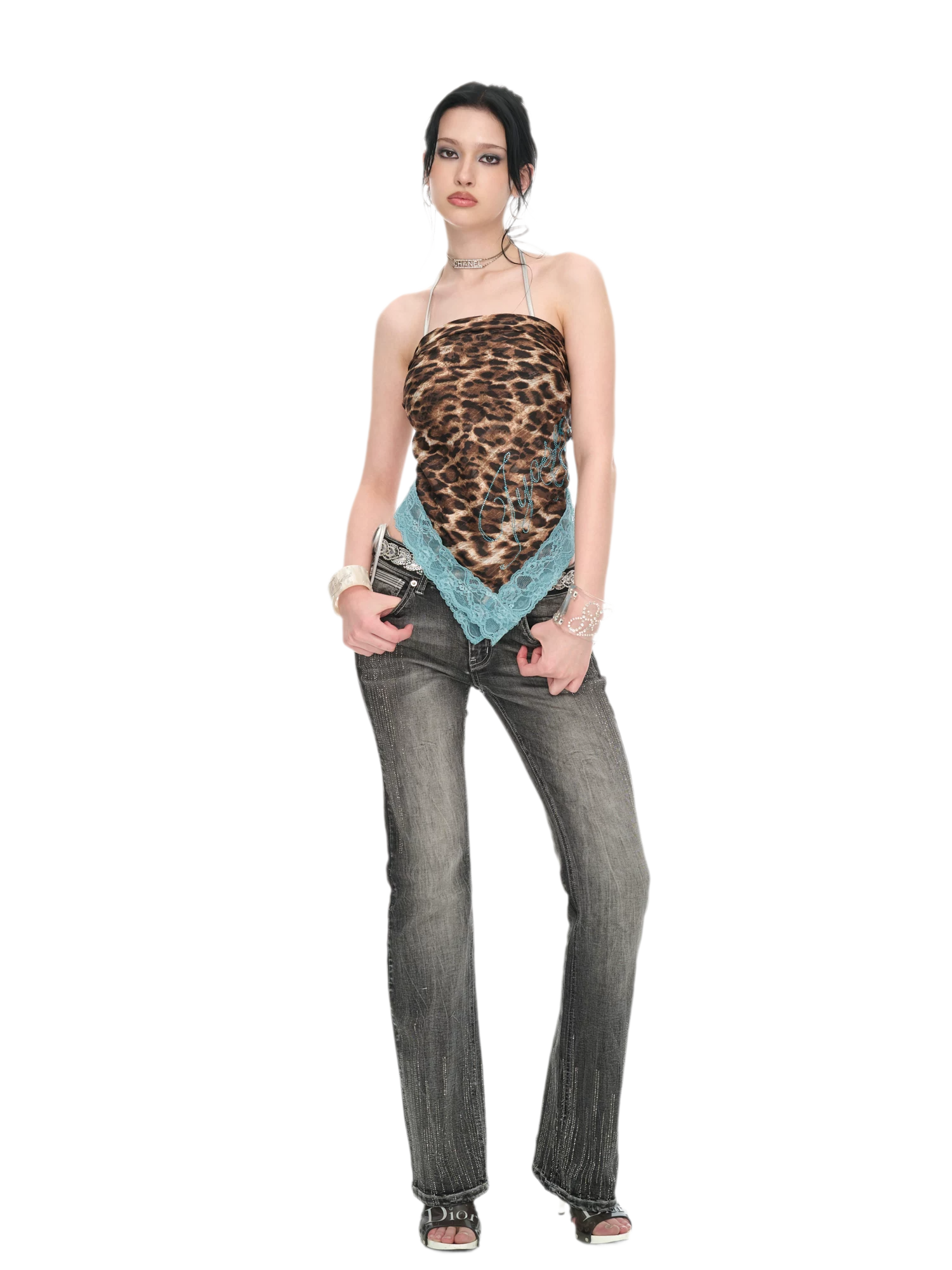 Peacock Blue Lace Leopard Print Chiffon Scarf