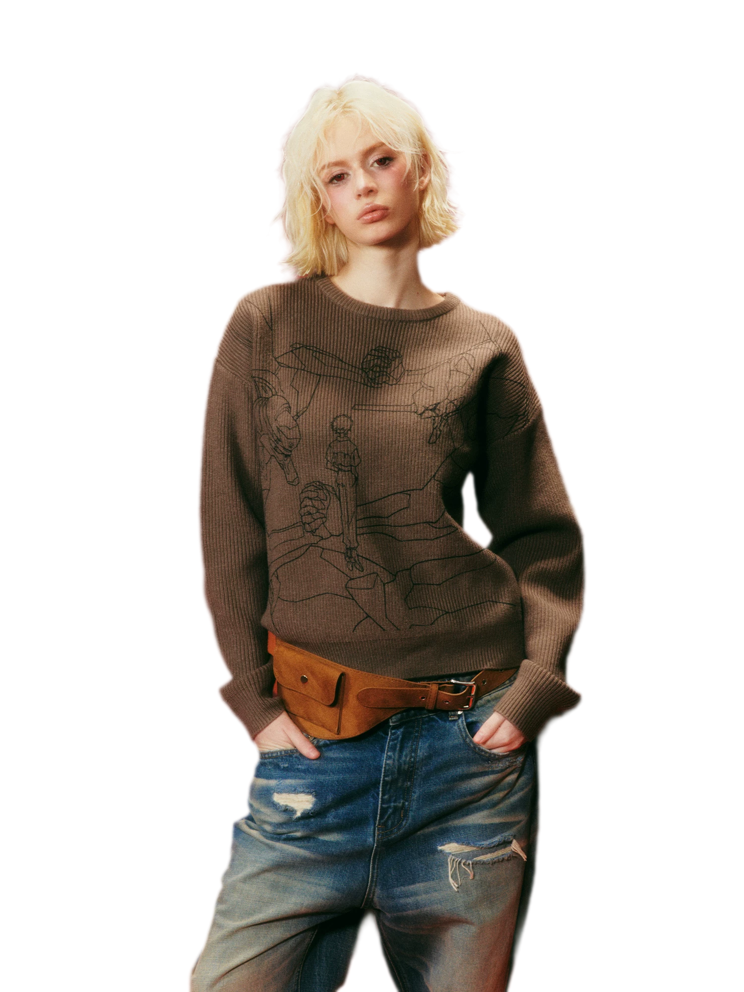 Rib-Knit Linework Graphic Sweater