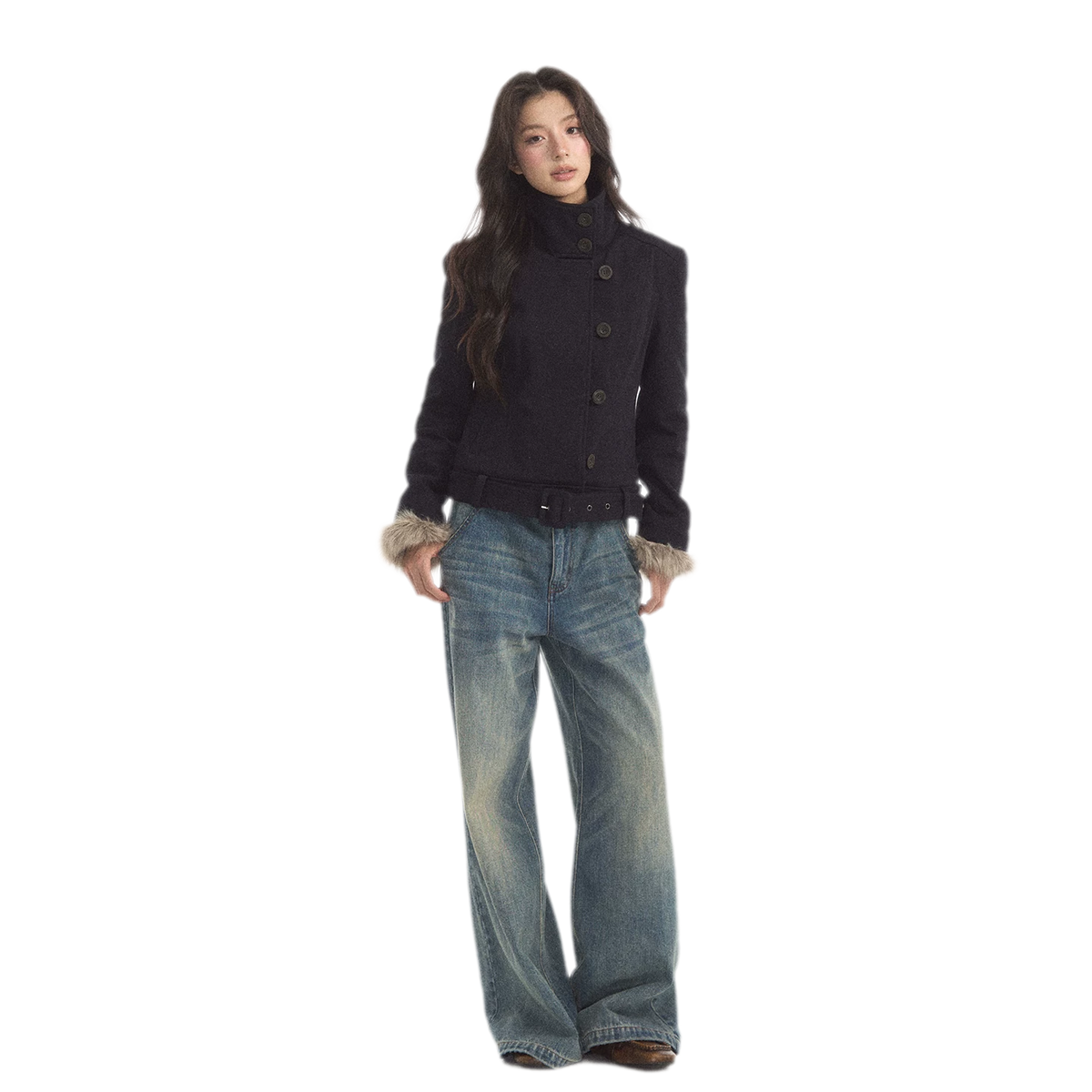 Detachable Fur Collar Twill Coat