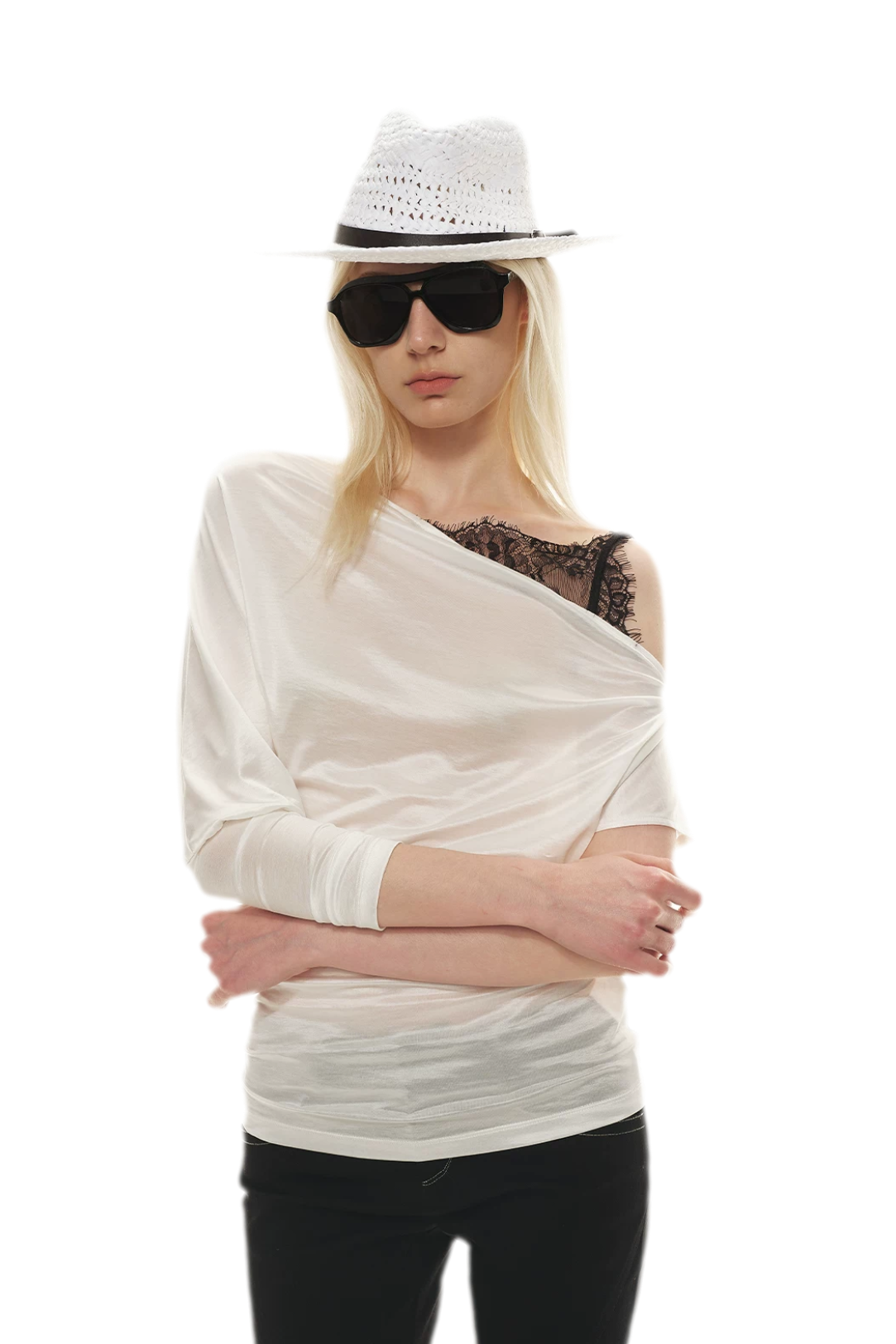 Silky Satin Texture Asymmetric Off-Shoulder Lace Trim T-Shirt