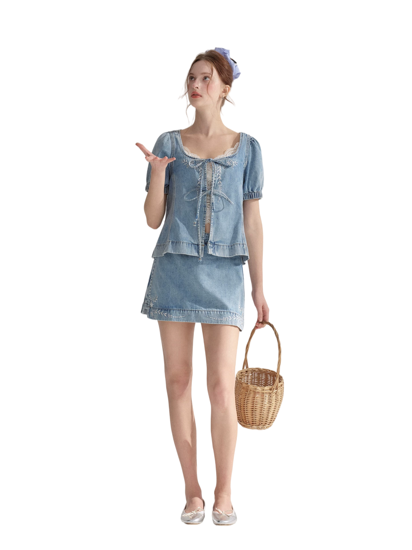 Floral Embroidered Tie Denim Top & Skort Set