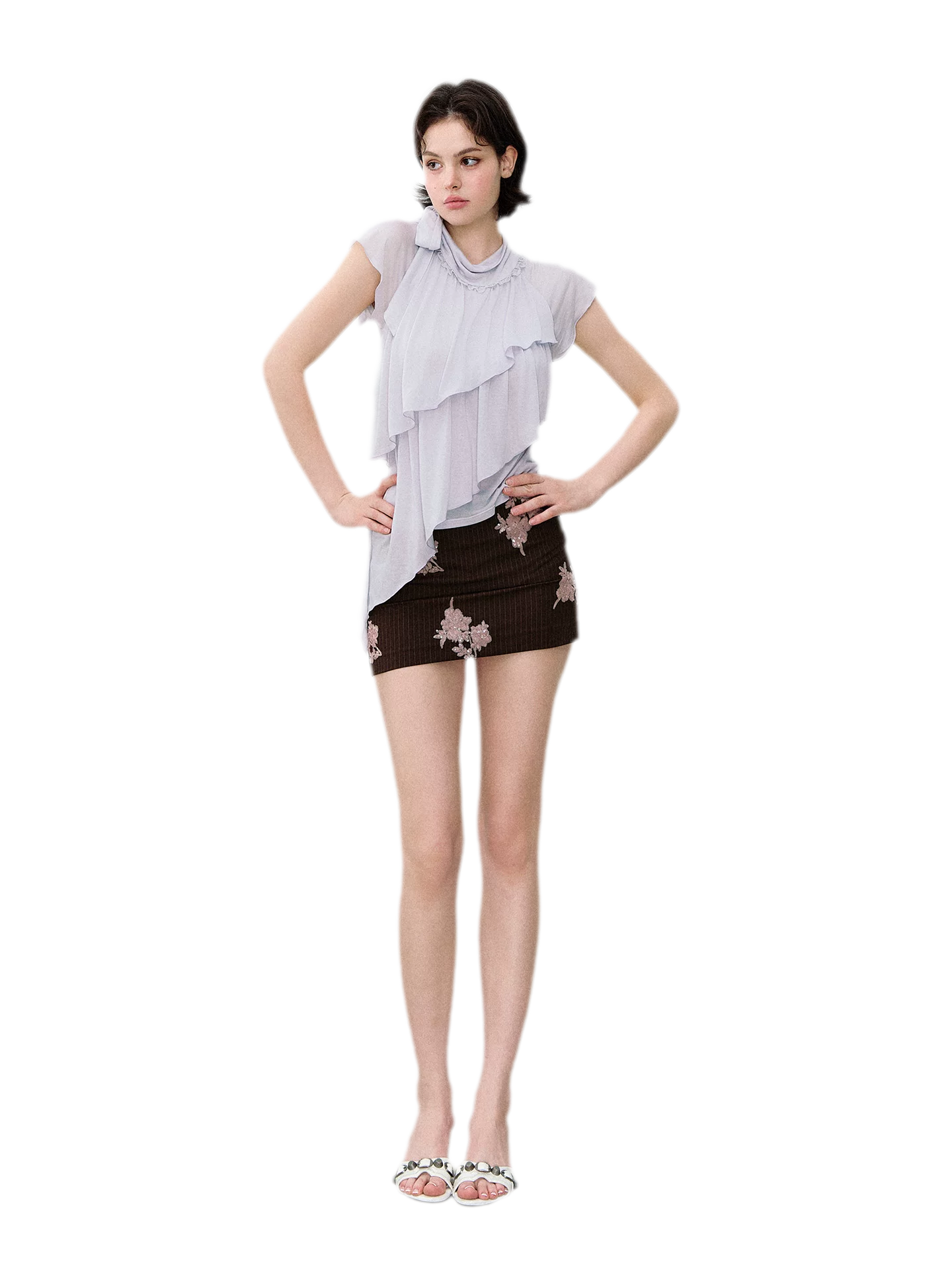 Ruffle Tie-Neck Tencel Short Sleeve Top