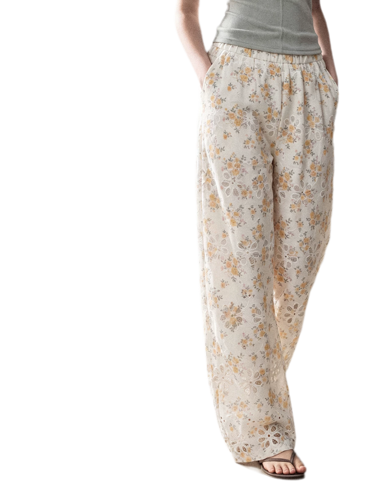 Laser-Cut Floral Wide-Leg Pants