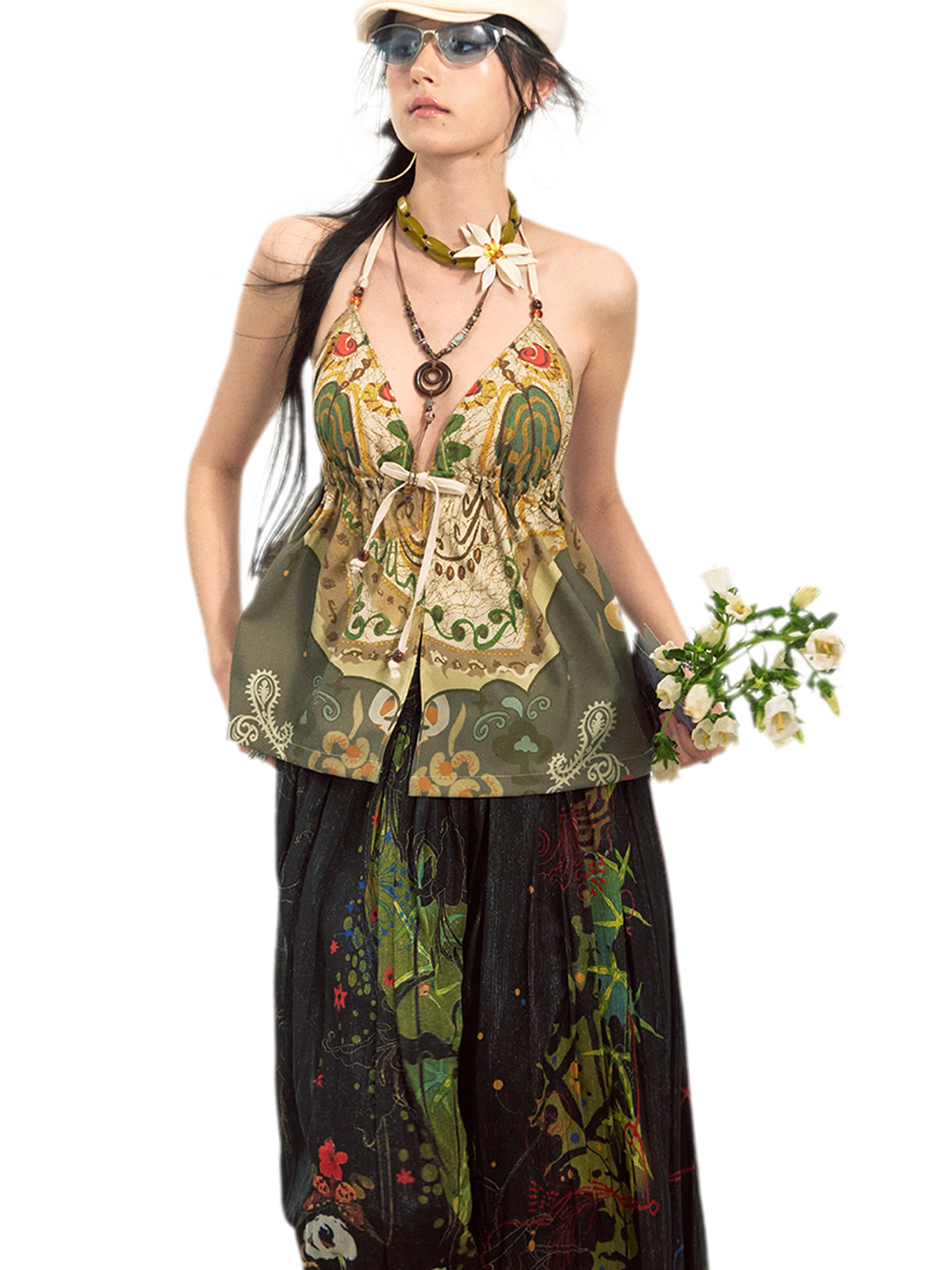 She Island Bohemian Halter Tie-Back Printed Crop Top