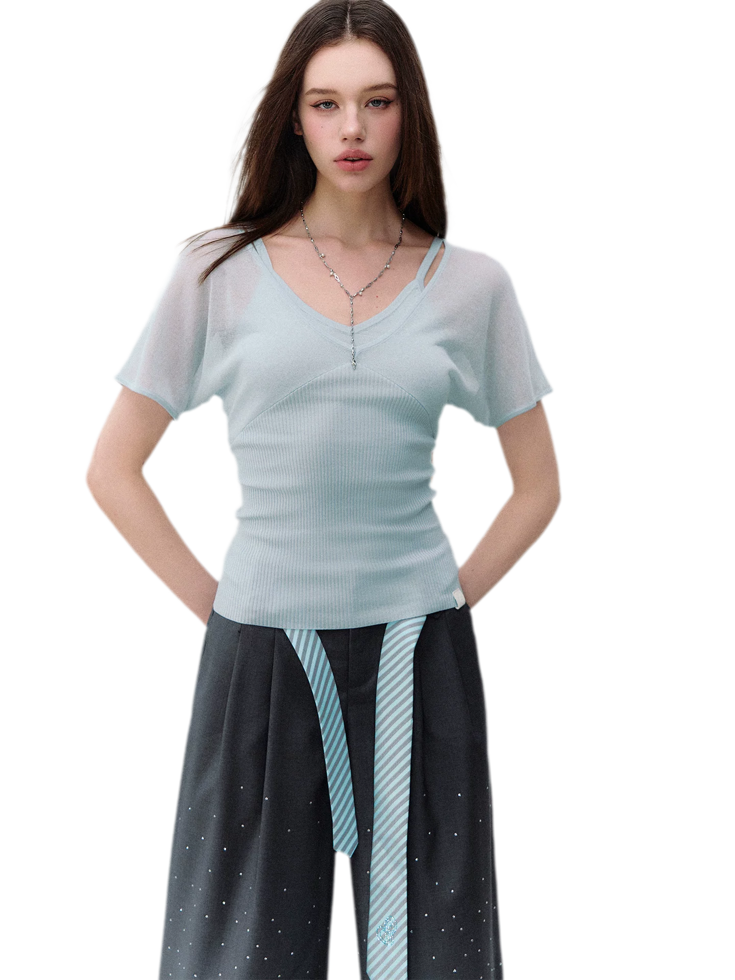 Layered Ribbed V-Neck Tee