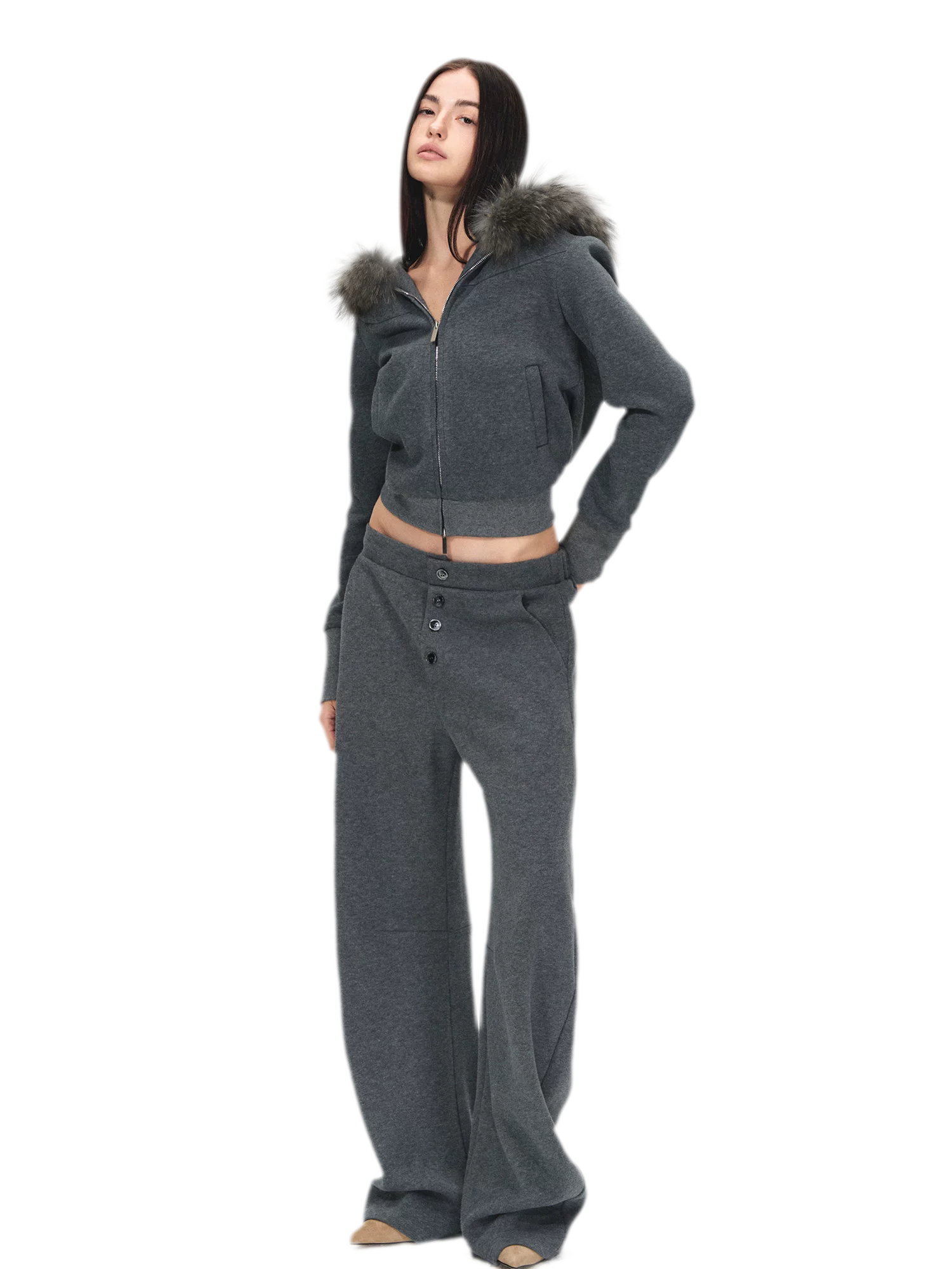 Detachable Fur Collar Fleece Hoodie & Relaxed Pants