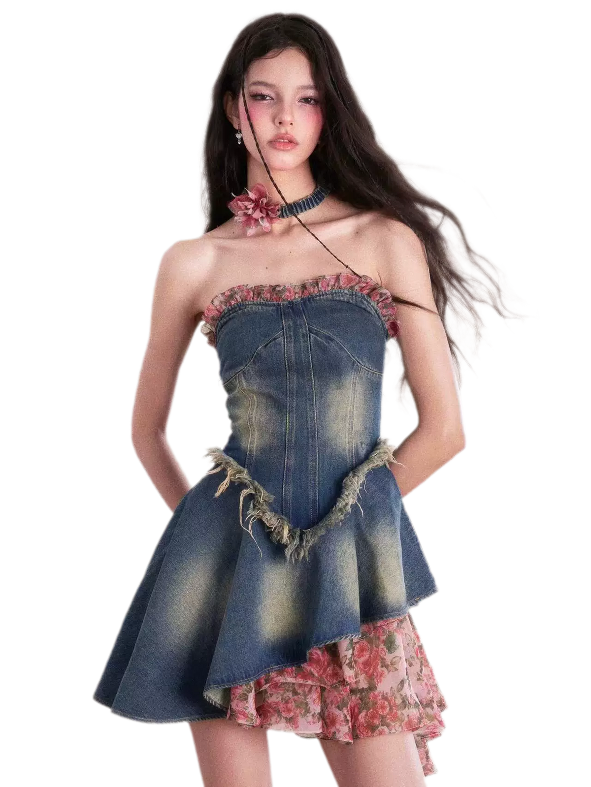 Washed Denim Rose Panel Dress