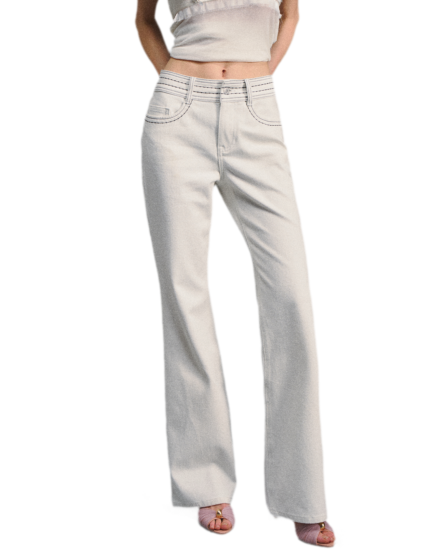 Textured White Contrast Waist Low-Rise Flared Pants