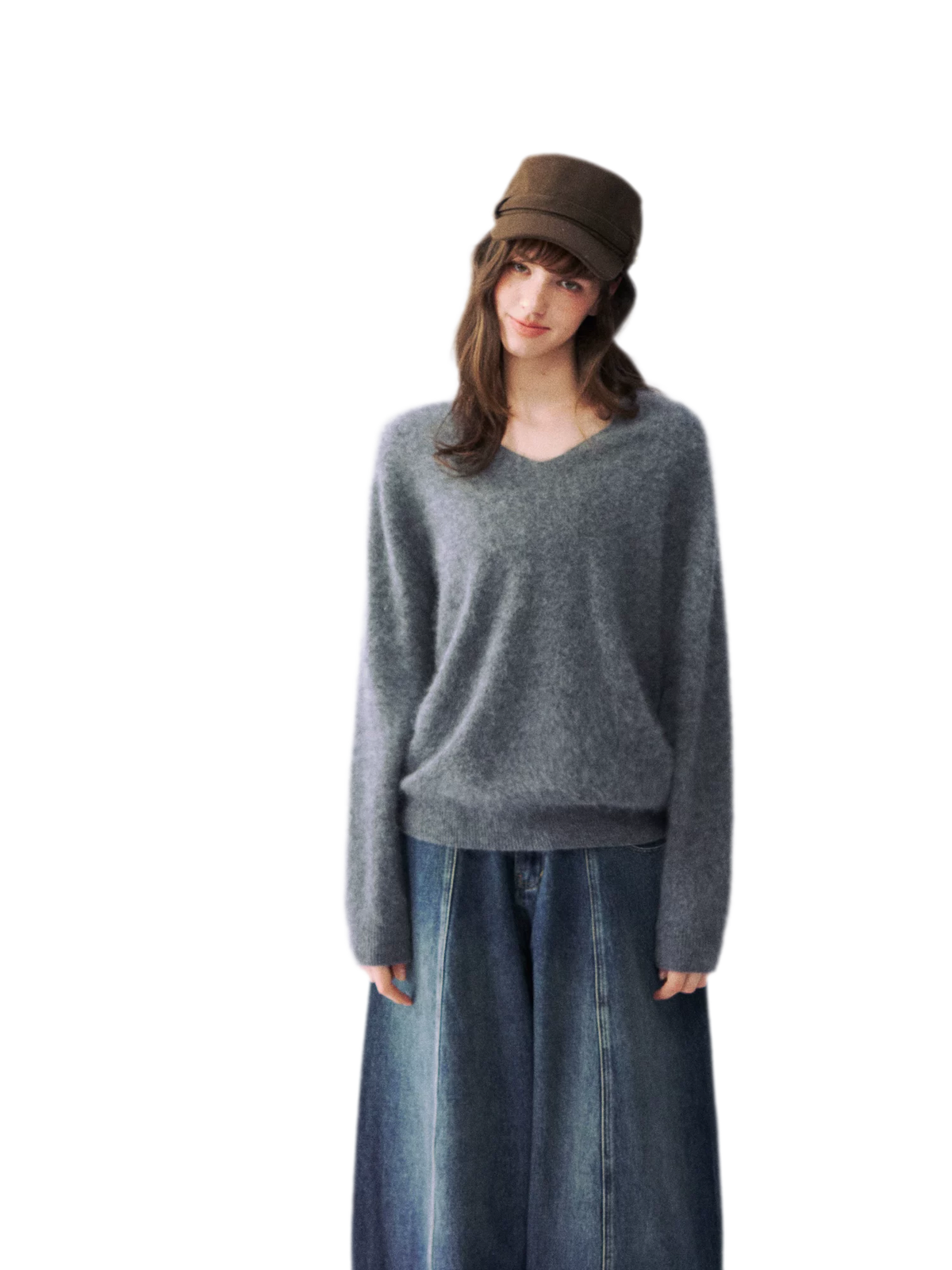 Flauschiger Mohairpullover mit V-Ausschnitt