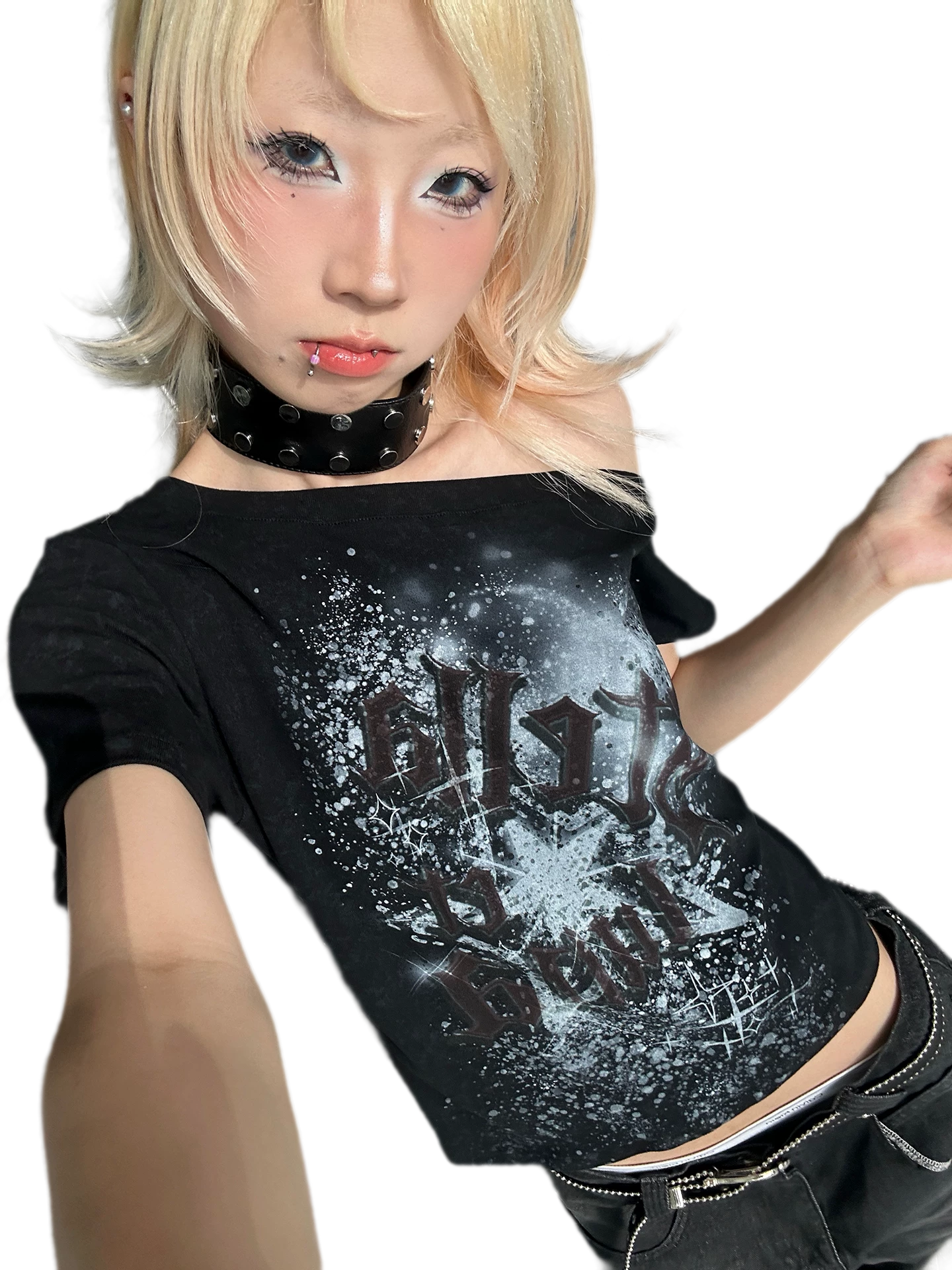Graphic Waist-Cinched Short-Sleeve Top