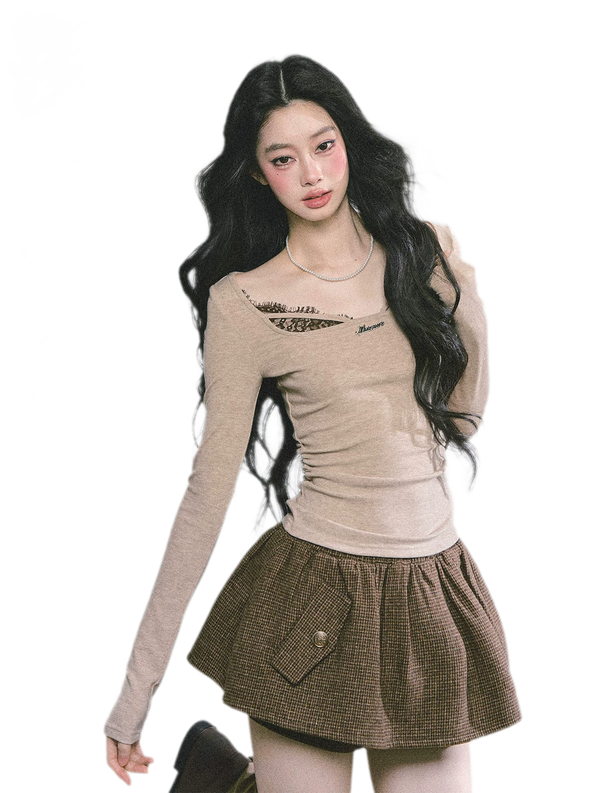 Lace Panel Fitted Long-Sleeve Top | Final Sale