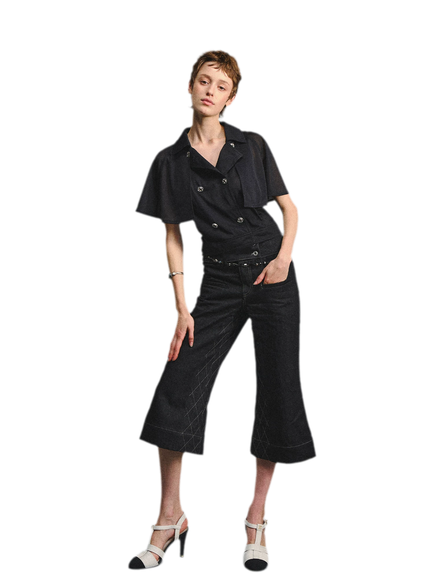 Detachable Cape Chiffon Blouse with Lace Detail
