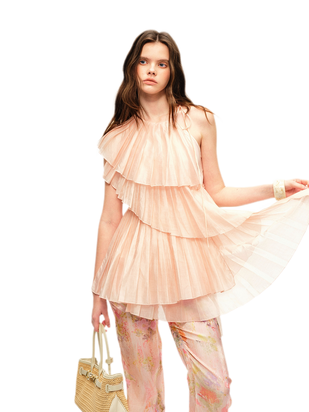Glossy Pleated Floral Pants Set