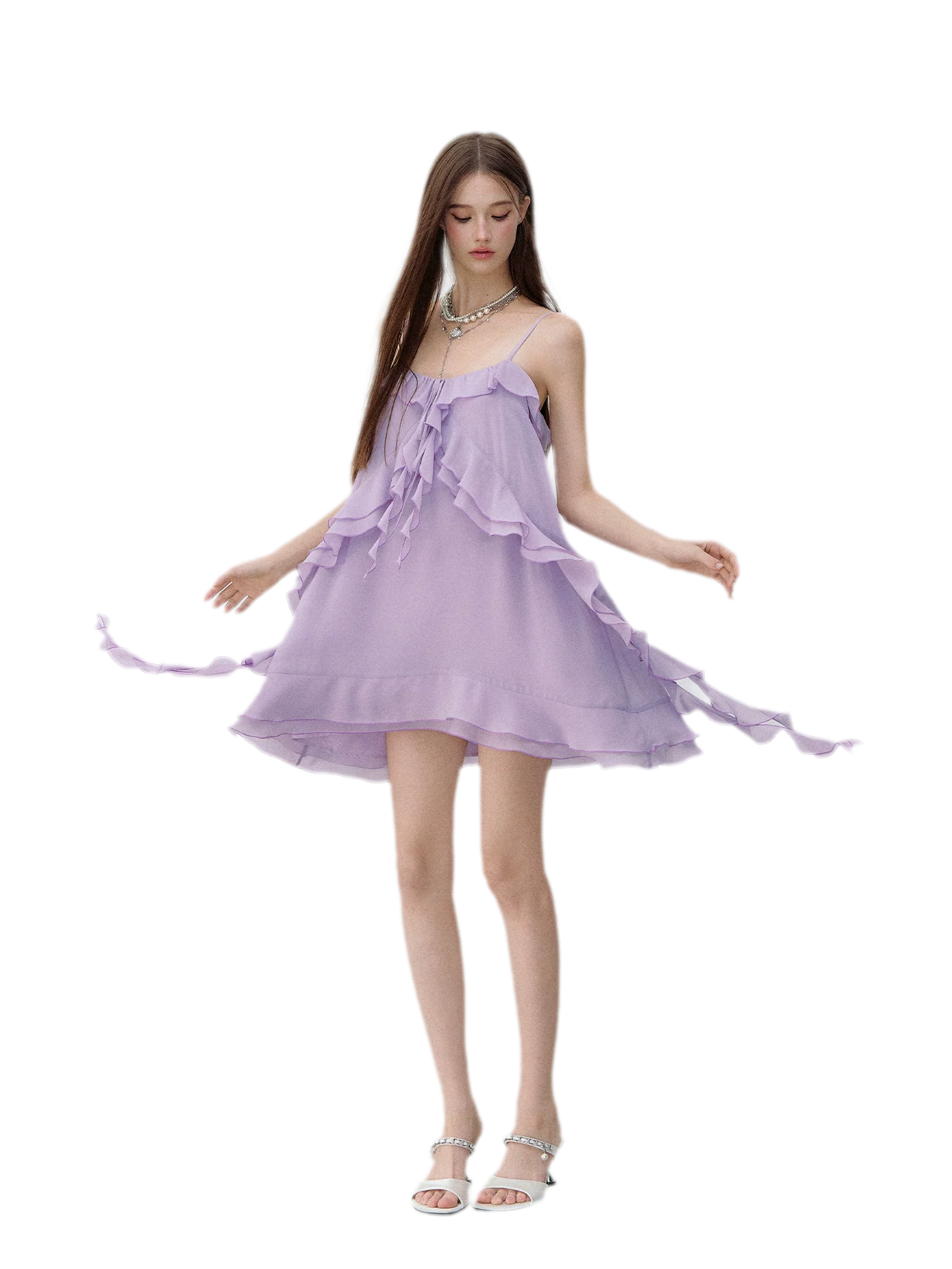 Lavender Purple Chiffon Ruffle Summer Dress Taro Purple / S