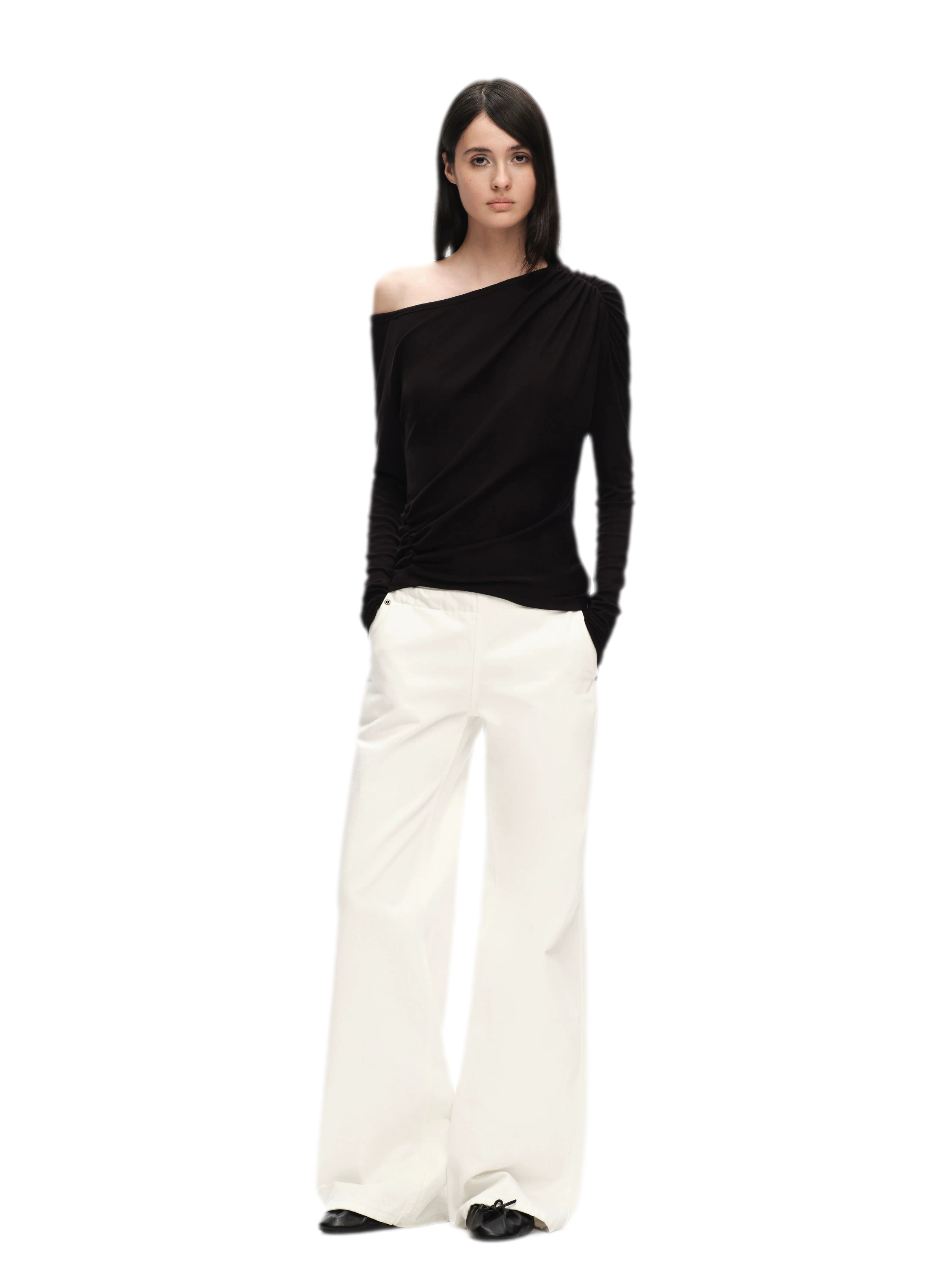 Wool Lyocell Ruched Shoulder Top