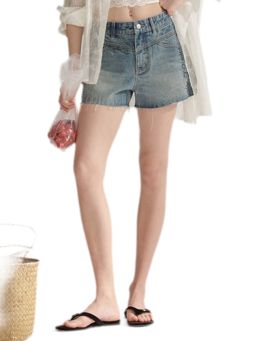 Washed Blue Rhinestone Denim Shorts