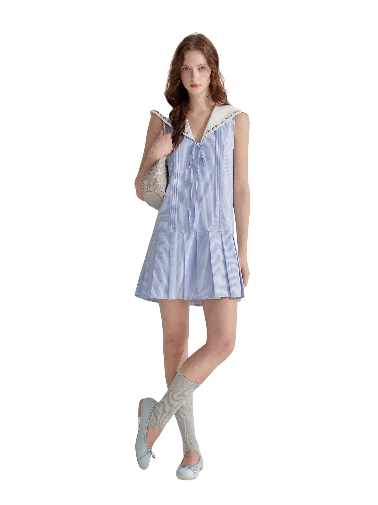 blue striped embroidered dress Blue Striped Embroidered Midi Dress | Women's Clothing main image 1
