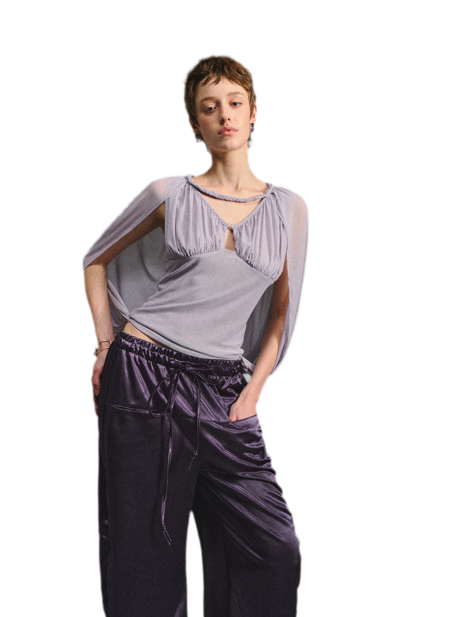 Ruched Mesh V-Neck Top