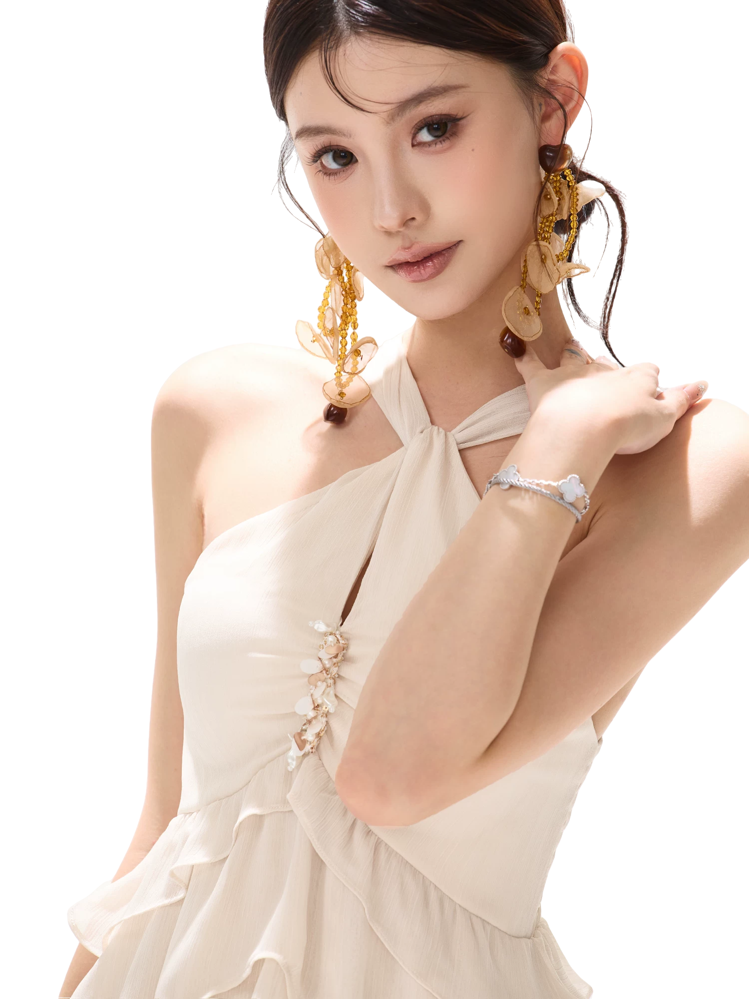 Flowing Halter Rhinestone Chiffon Long Dress