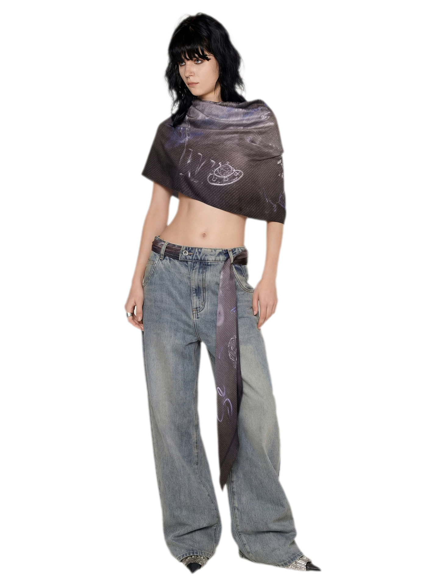 Scarf Tie Wide-Leg Jeans