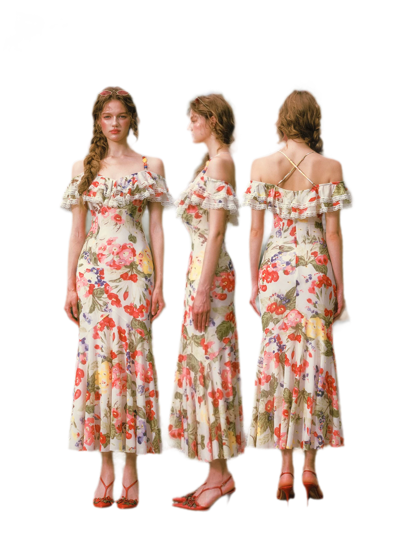 Floral Ruffle Mesh Maxi Dress