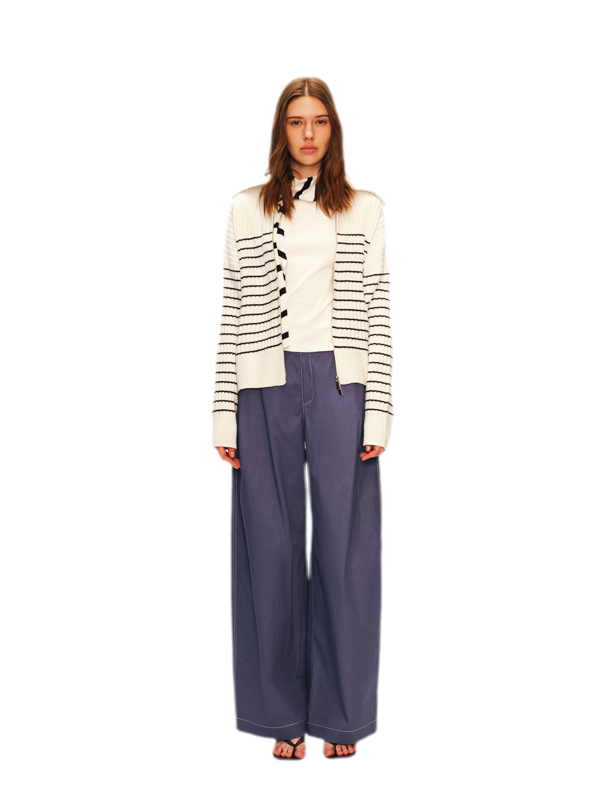 Striped Stand-Collar Zip Cardigan