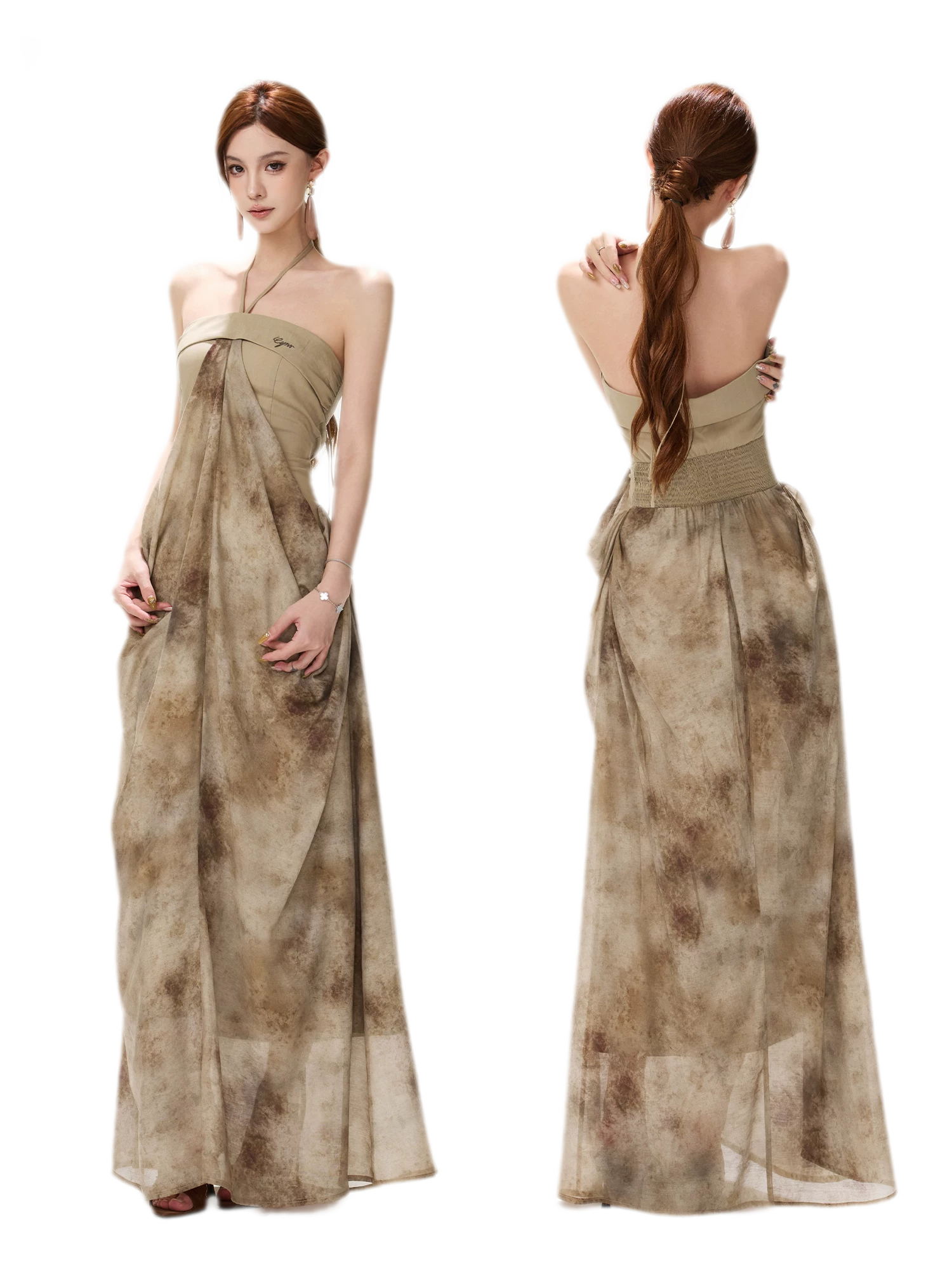 Ink-Wash Pleated Halter Dress