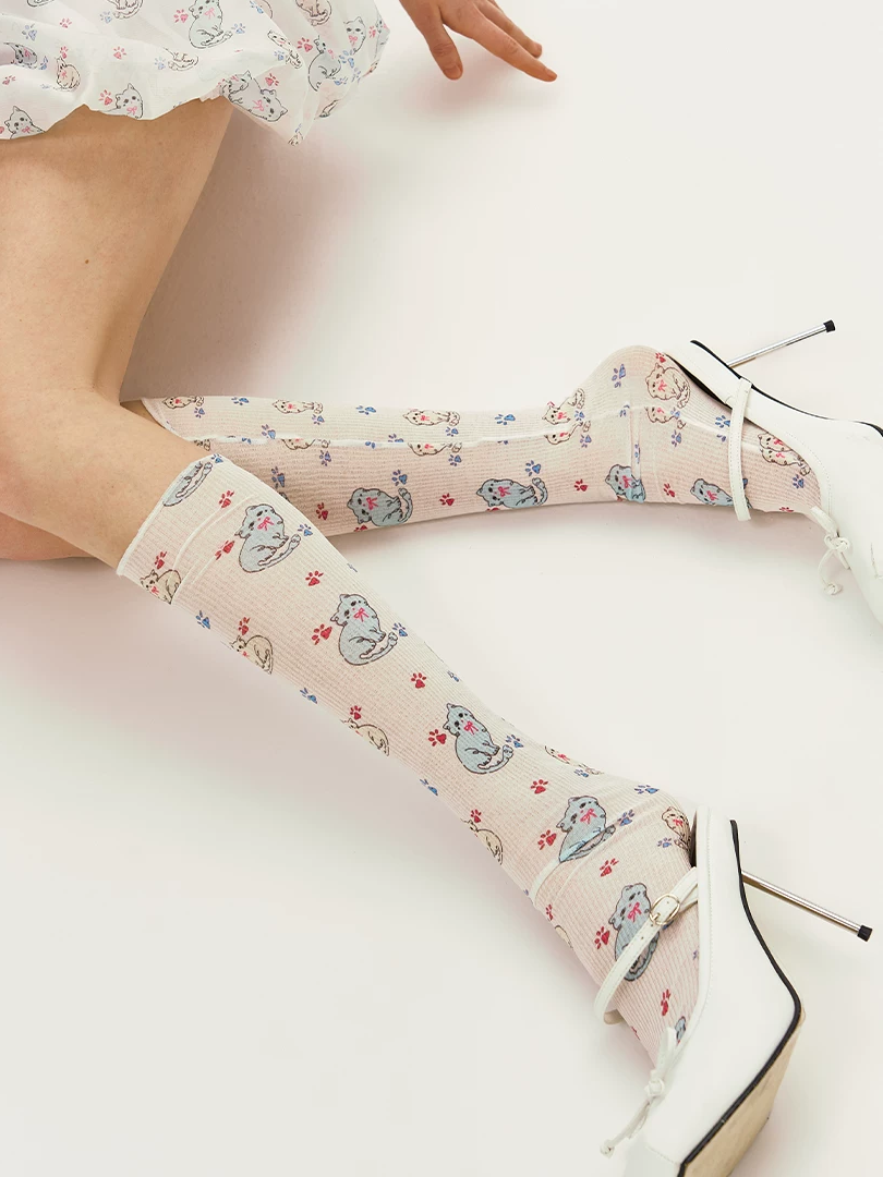 Cat Print Knee Socks