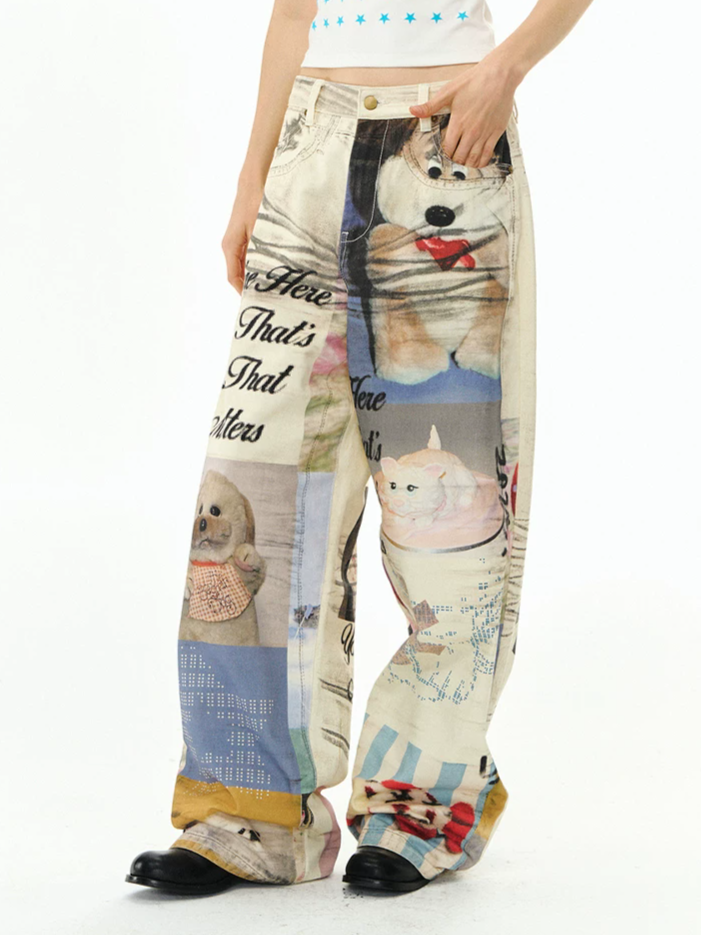 Washed Print Wide-Leg Jeans