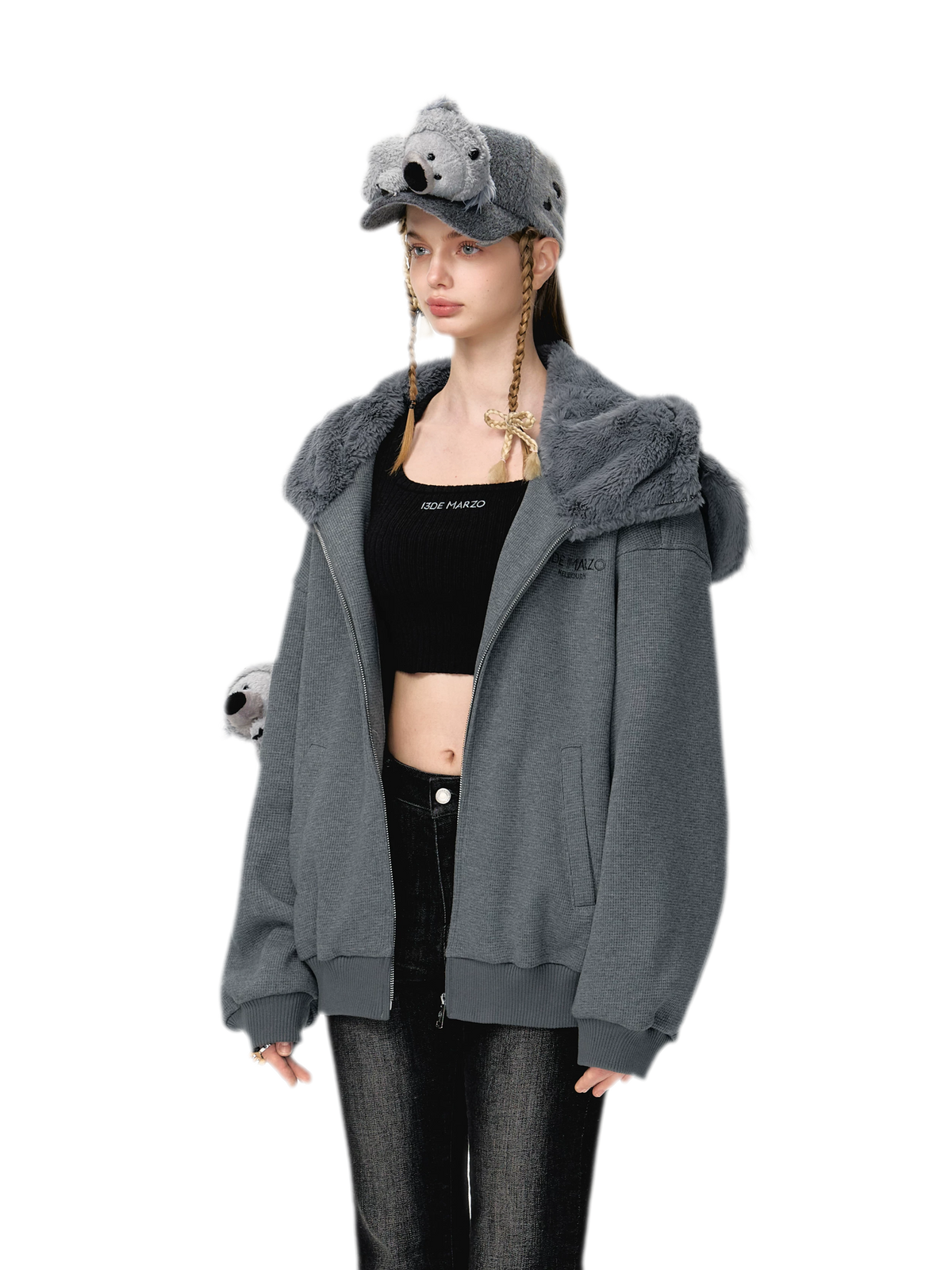 Áo hoodie khóa kéo bề mặt dệt nổi hình gấu koala