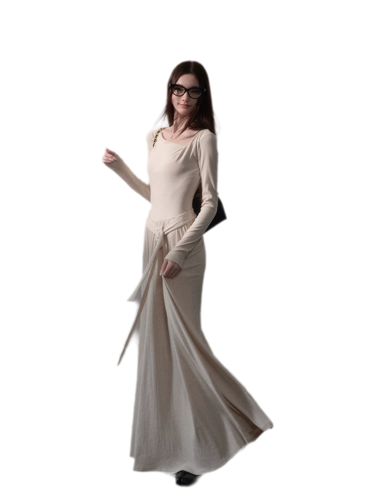 Robe longue côtelée à ruban