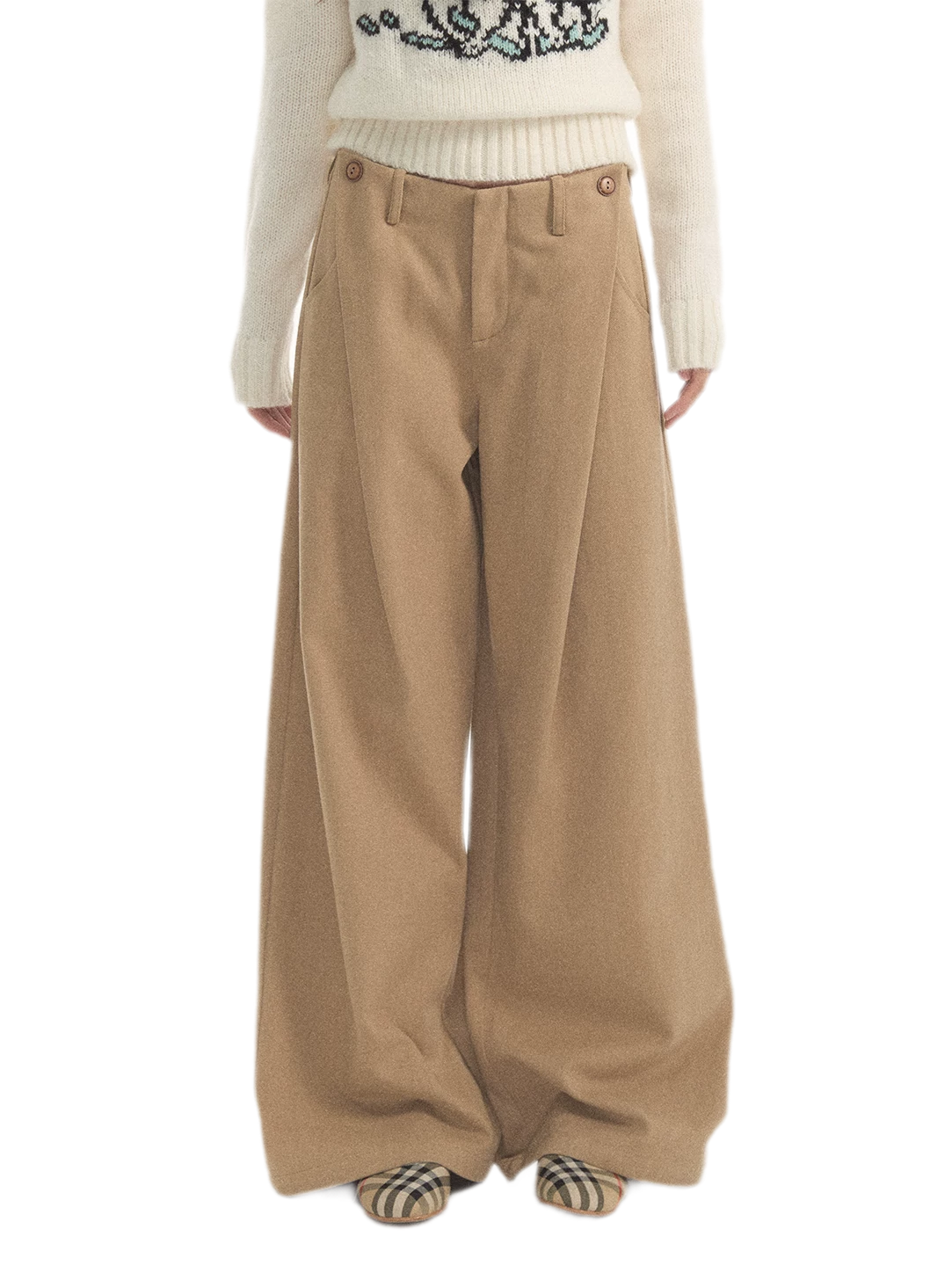 Geplooide broek met wijde pijpen van wolachtige stof