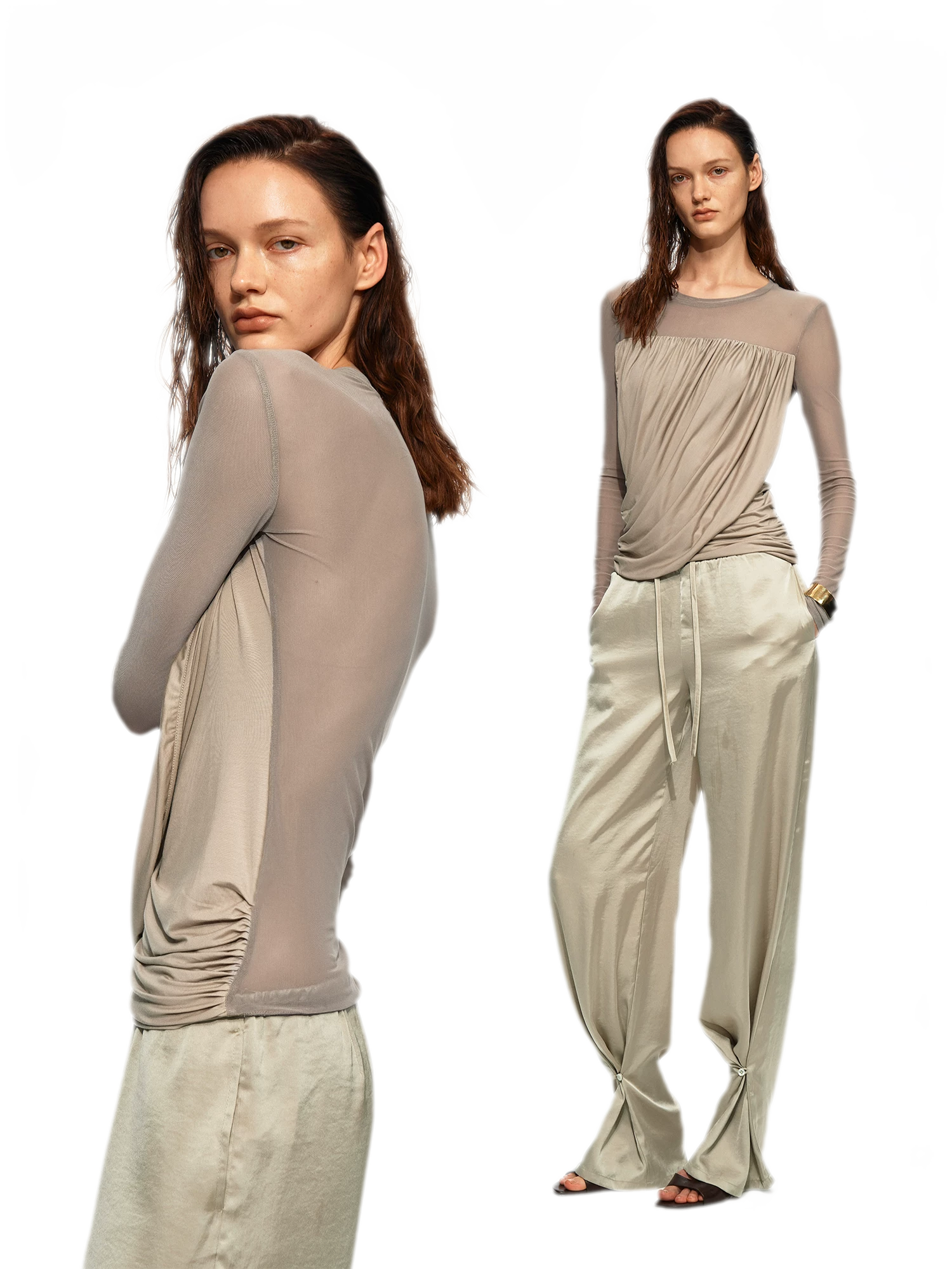 Draped Mesh Long Sleeve Tee