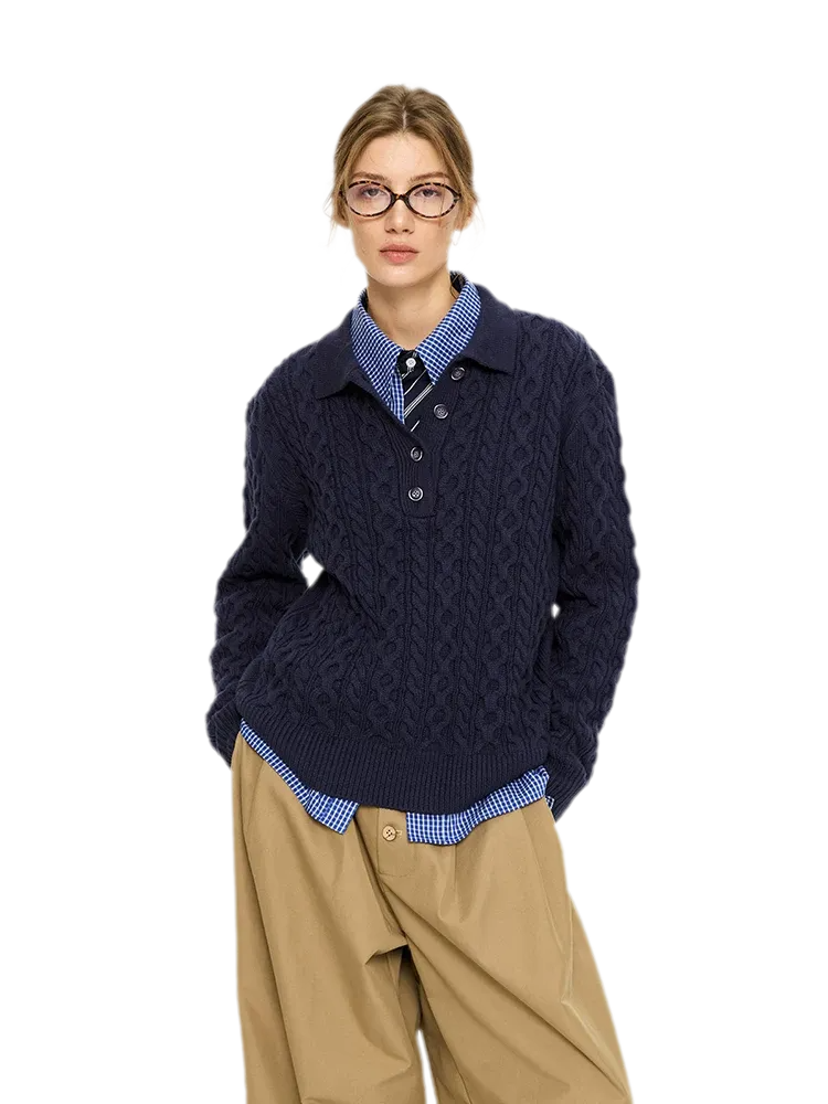 Chunky Cable Knit Polo Sweater