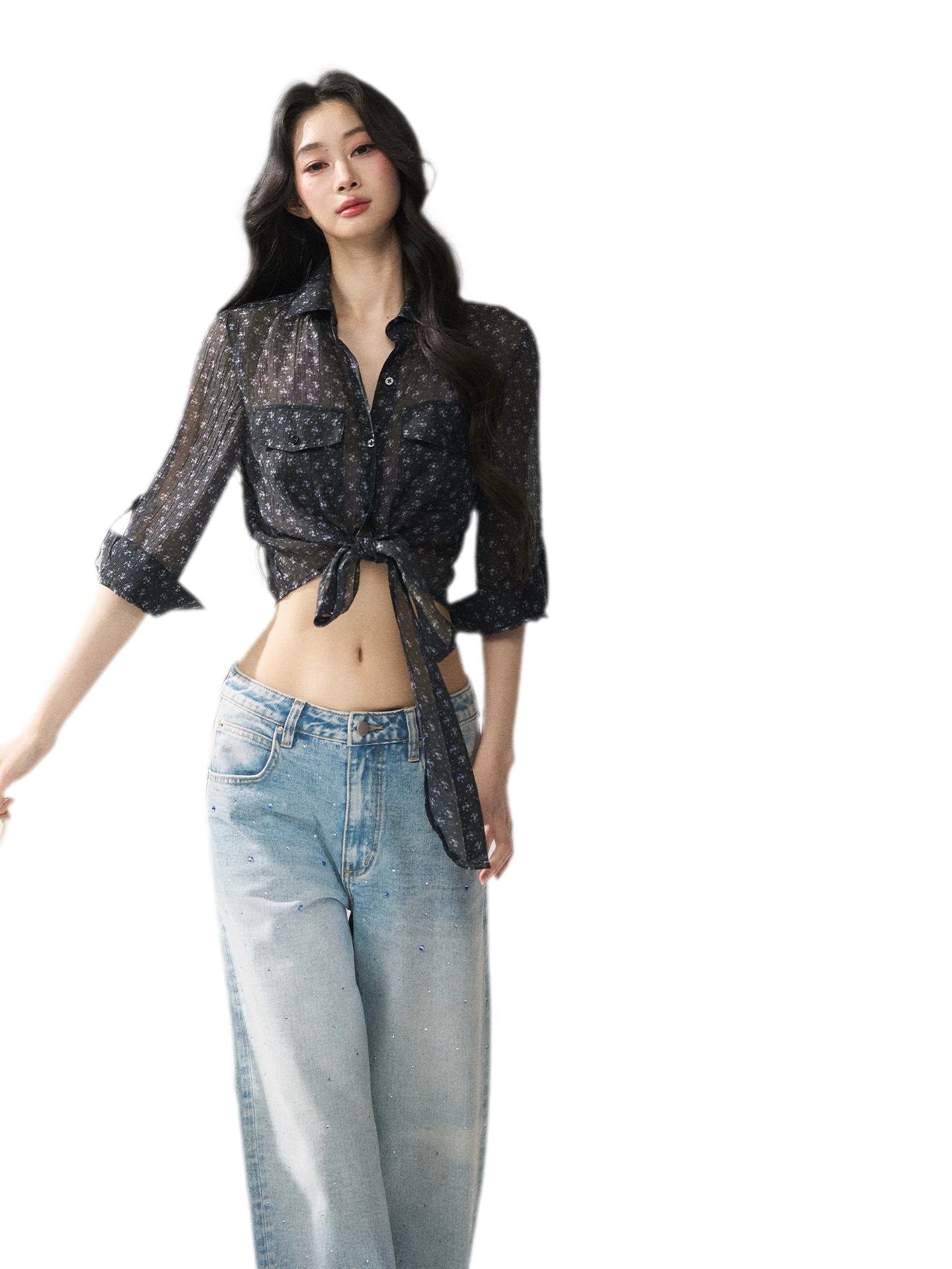 Floral Sheer Tie Shirt