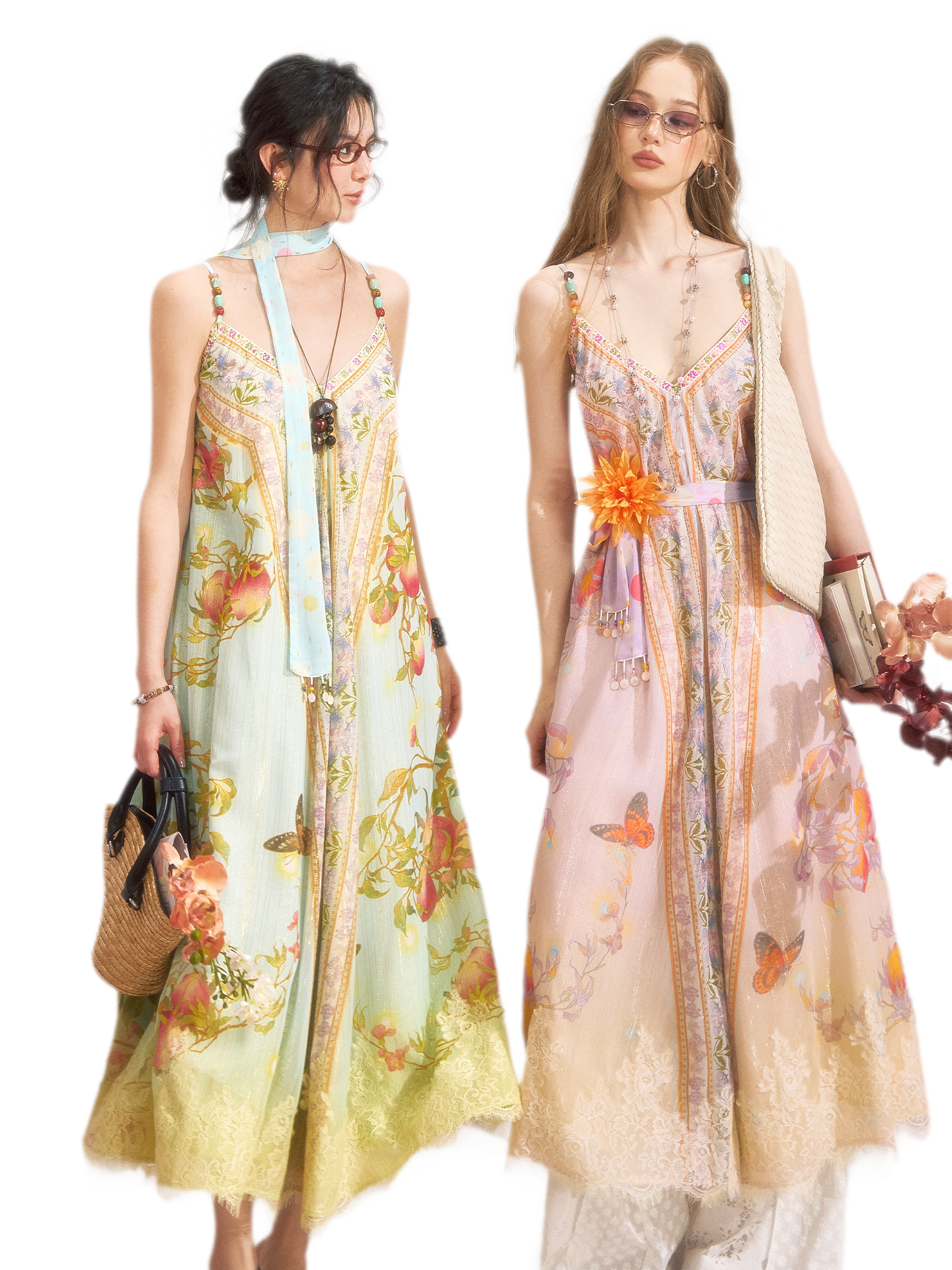 Peach Branch Print Metallic Chiffon Dress