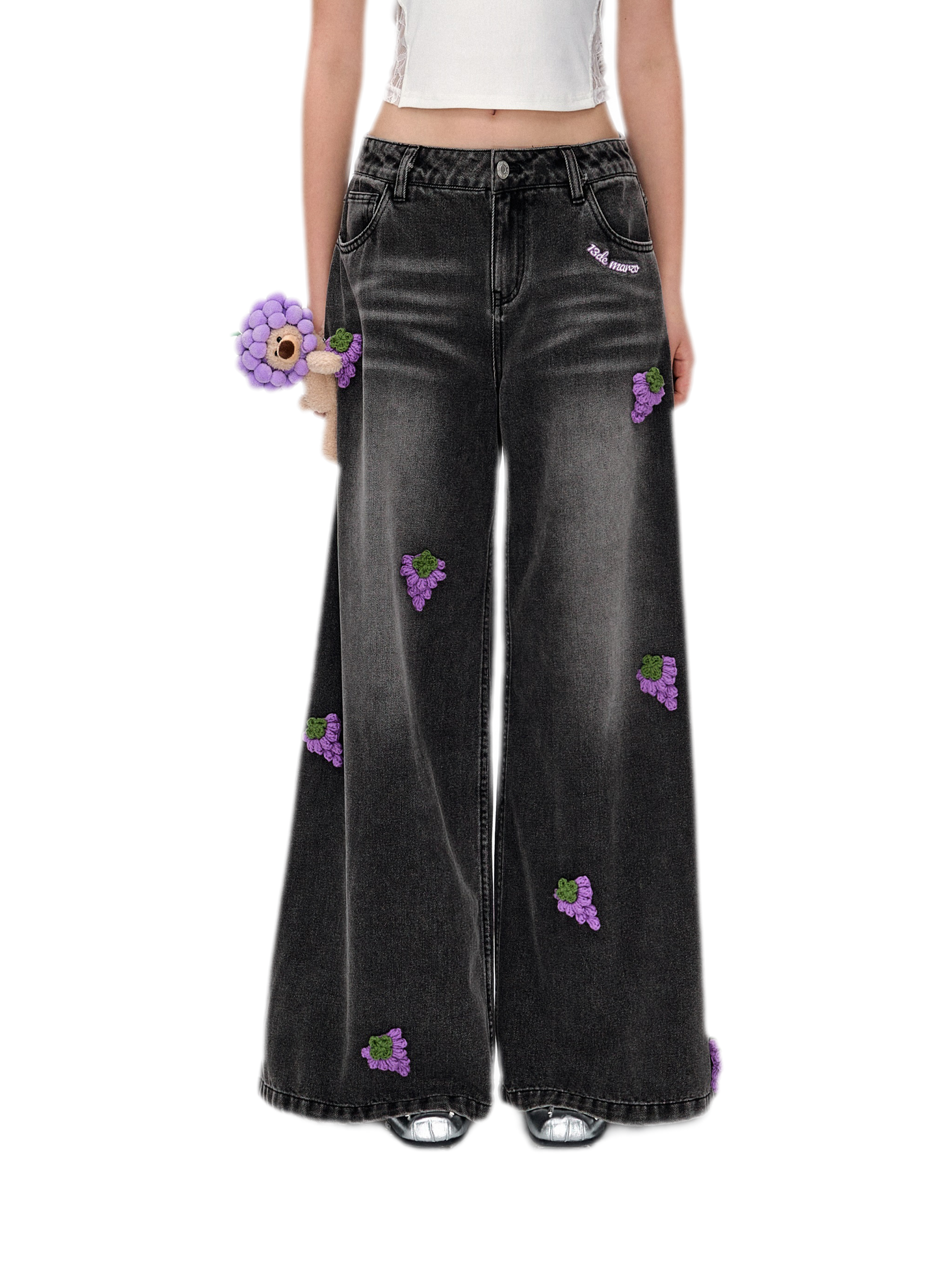 Fruit Embroidered Wide-Leg Pants