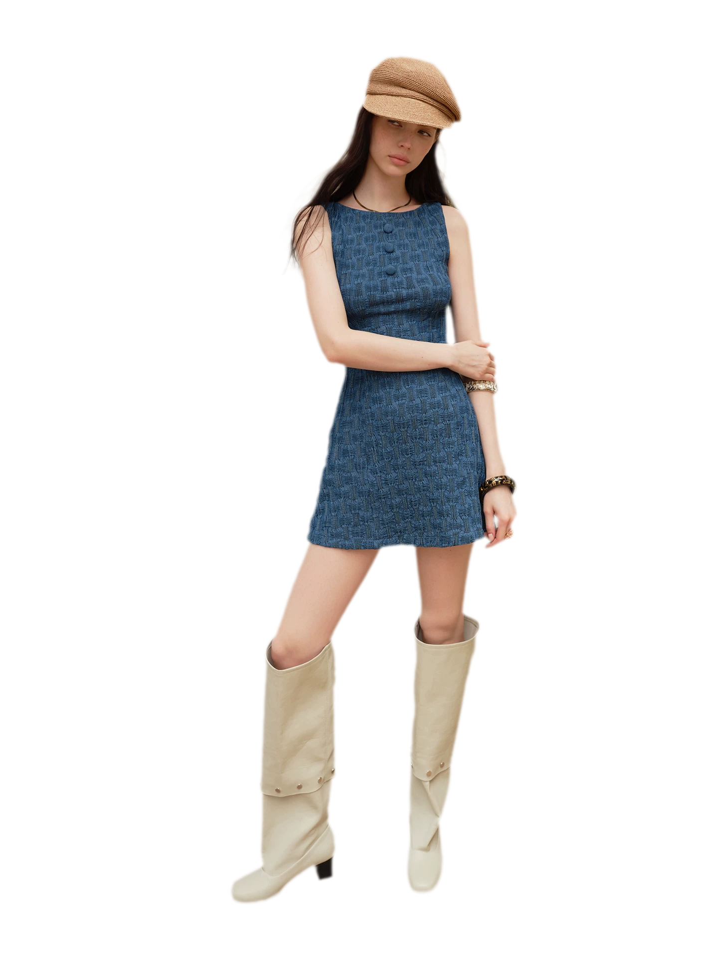 Textured Denim Blue Short Dress