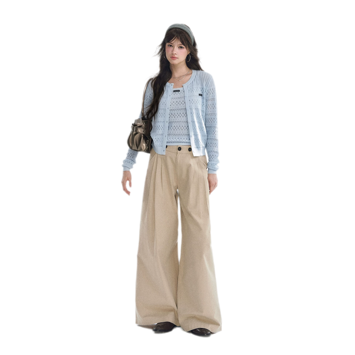 Pantaloni in cotone con pieghe e gamba ampia