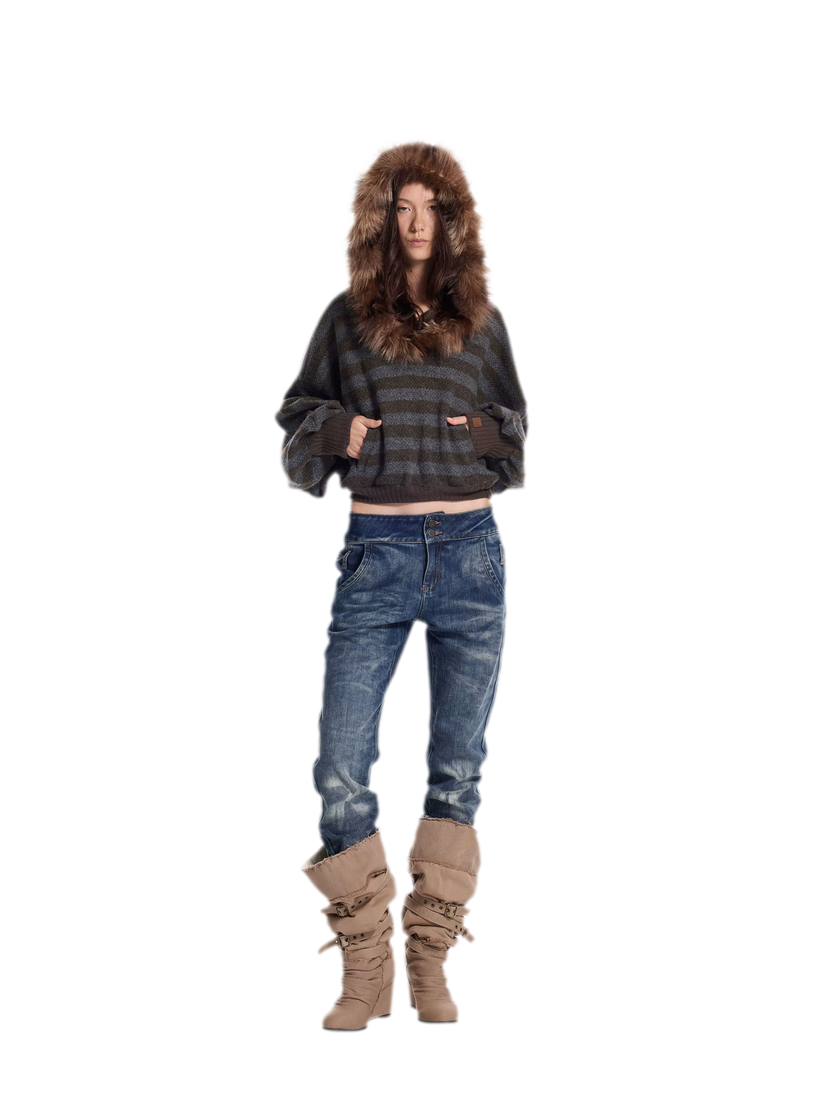 Striped Faux-Fur Collar Sweater