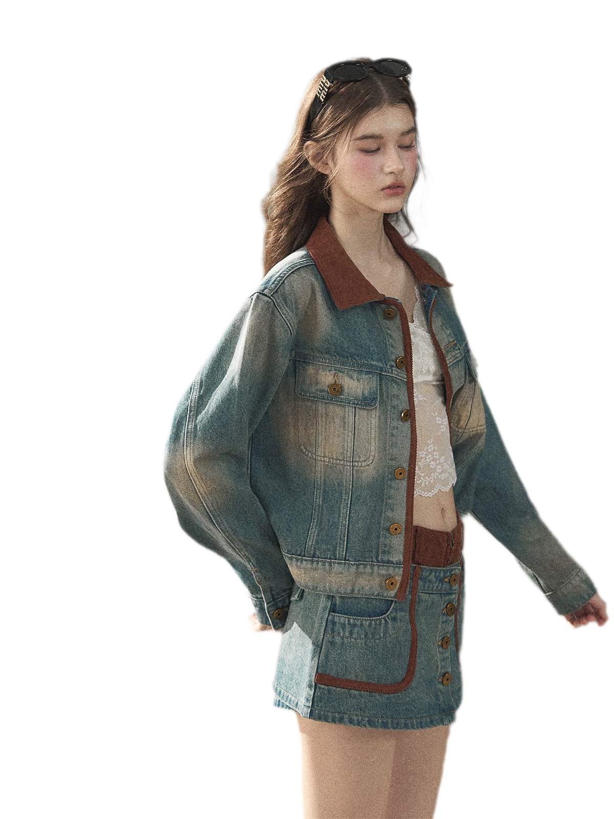 Washed Denim Jacket Skirt Set
