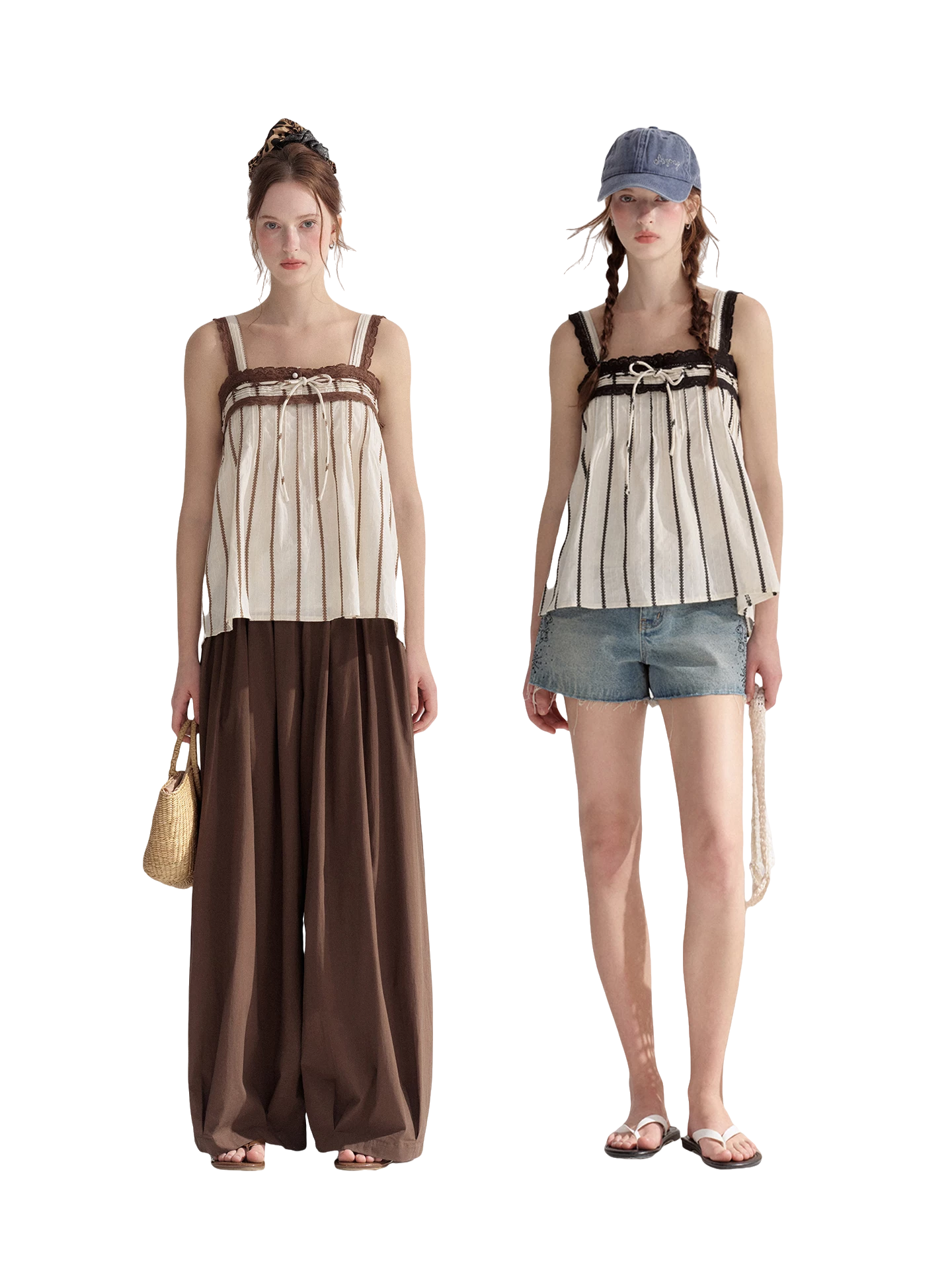 Striped Lace-Trim Tie-Front Camisole