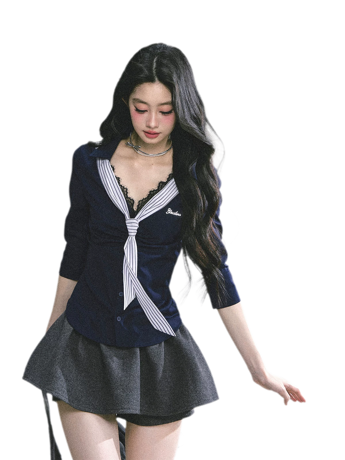 細條紋蕾絲 Polo 衫