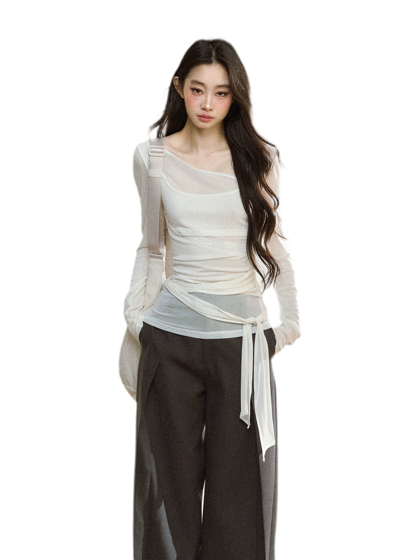 Ruched Sheer Crossover Long-Sleeve Top
