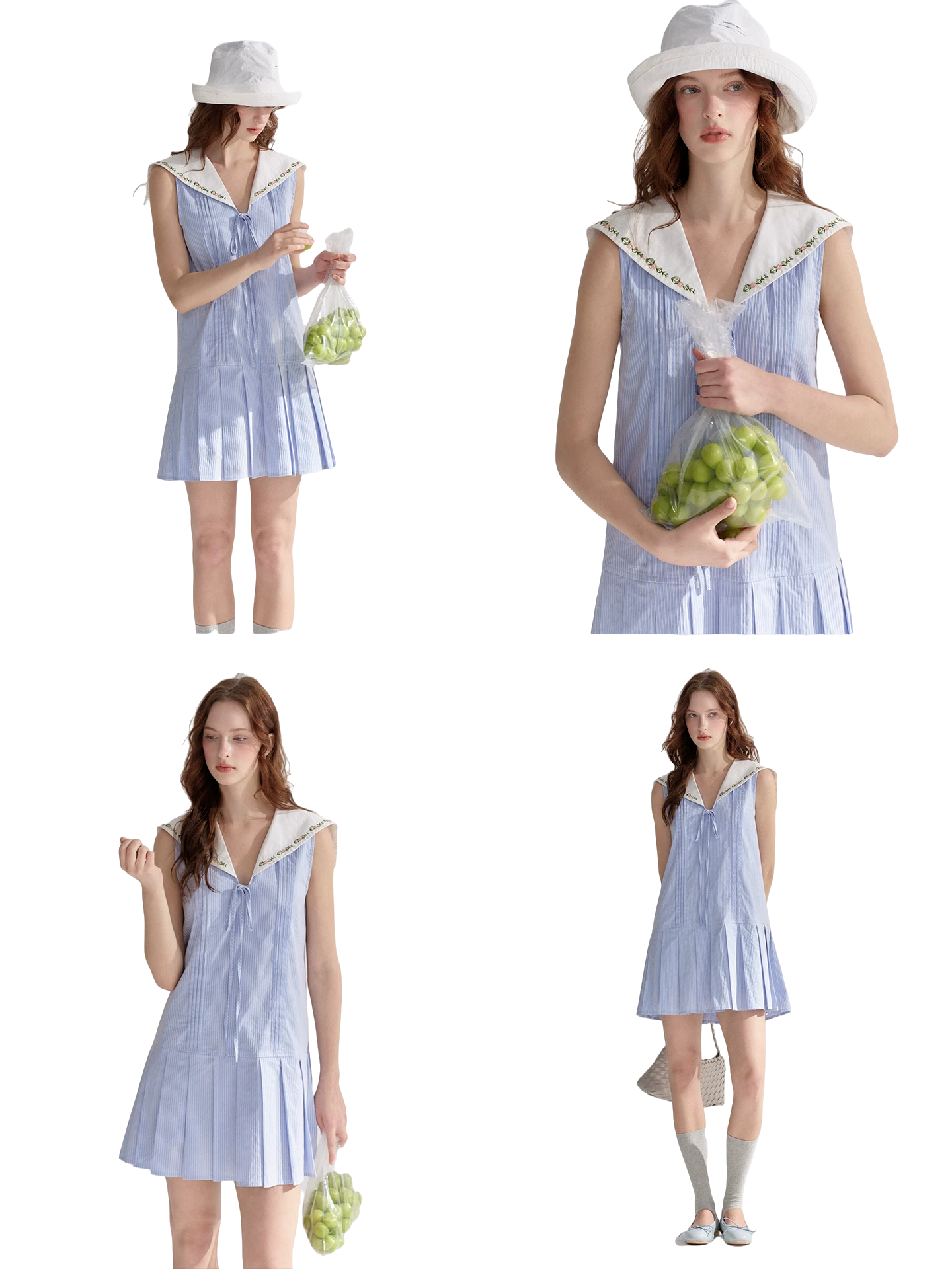 Embroidered Blue Striped Sailor Collar Pleated Dress