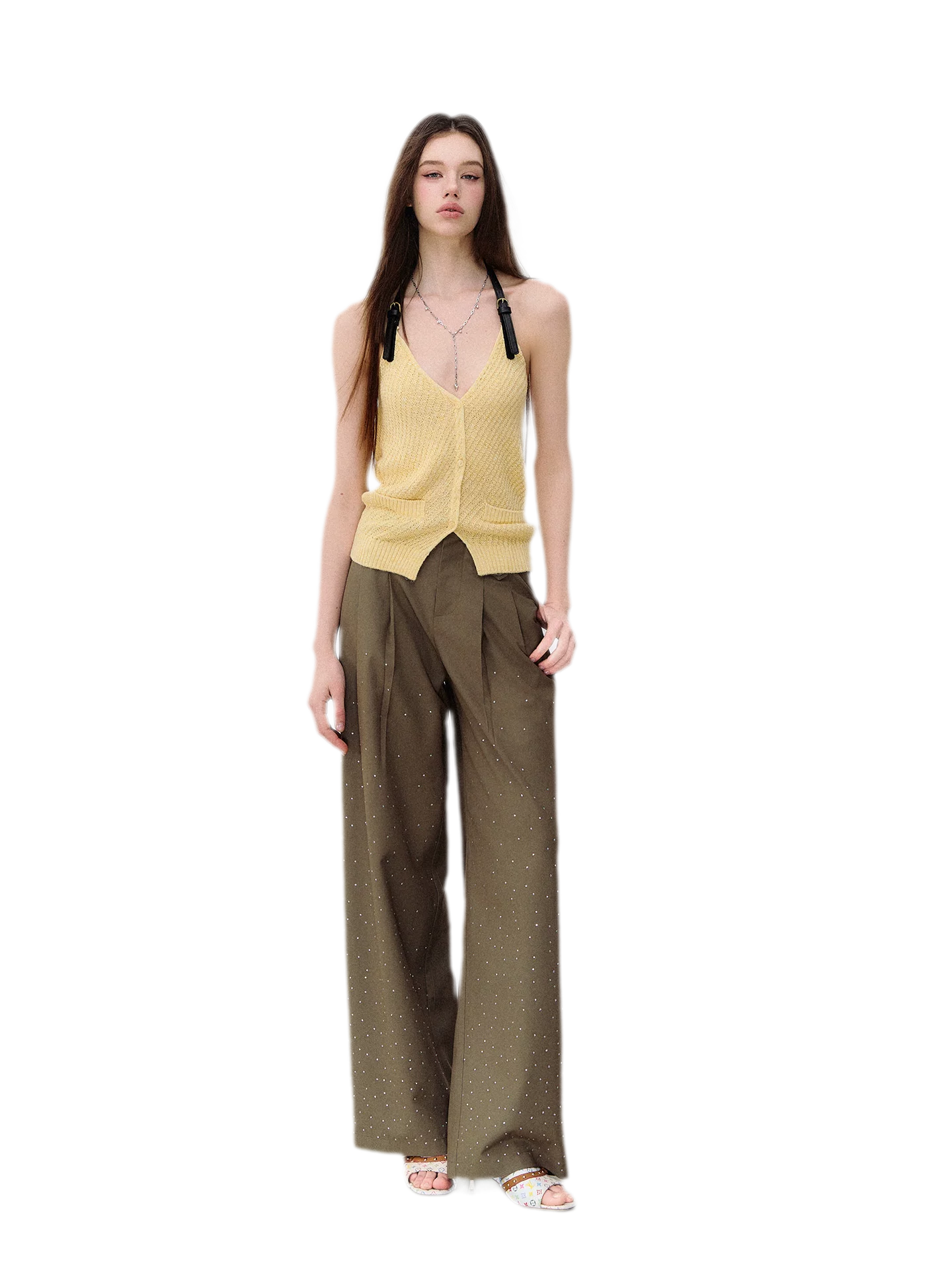Rhinestone Pleated Waistband Wide-Leg Pants