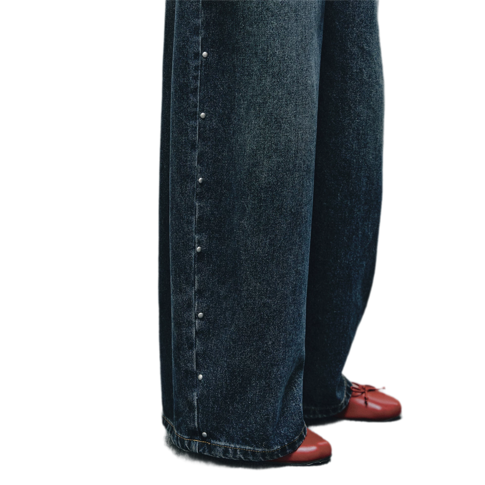 Washed Rivet Curved-Leg Jeans
