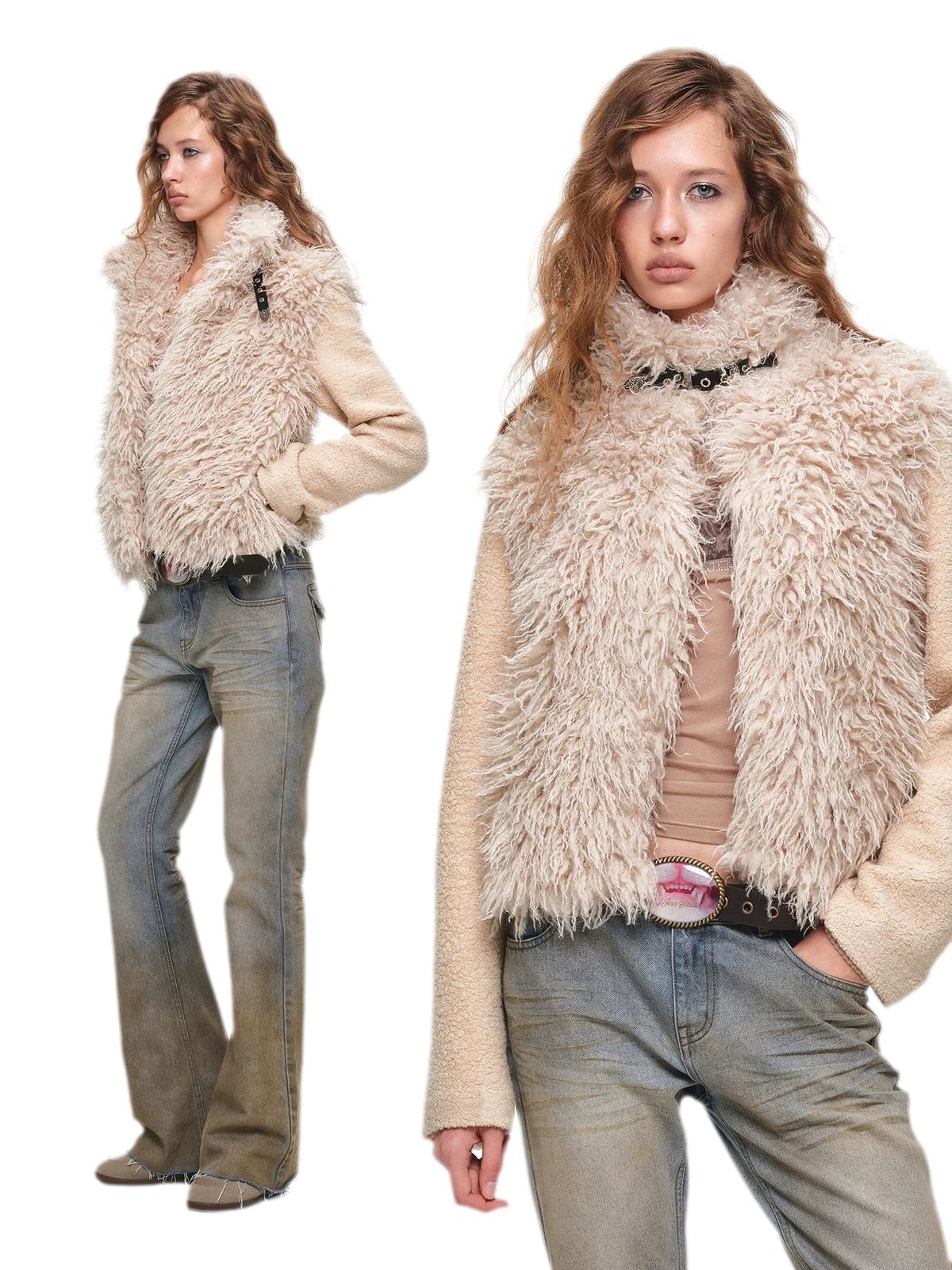 Veste courte en laine à ceinture contrastante